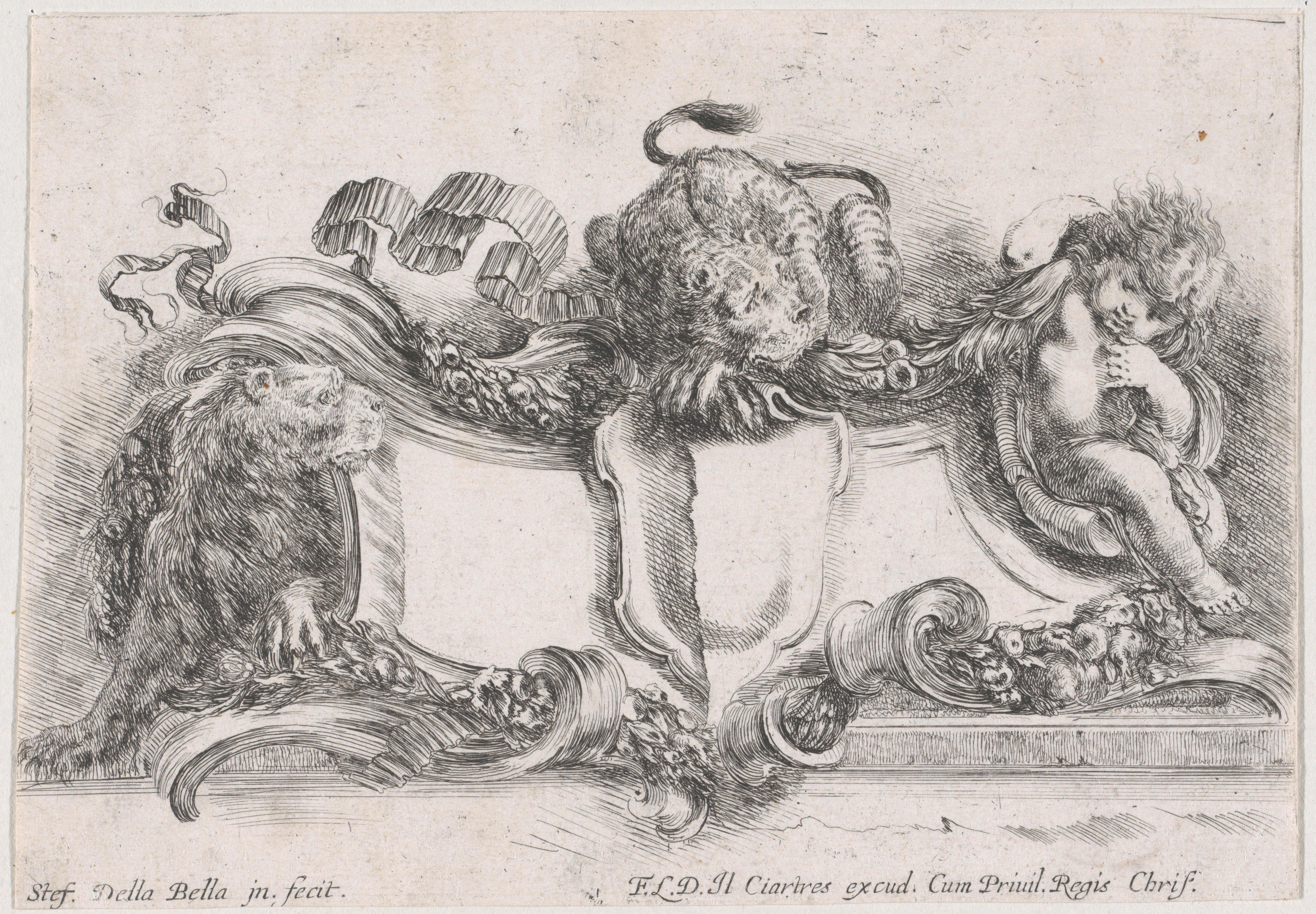 Cartouche met twee leeuwen en een putto