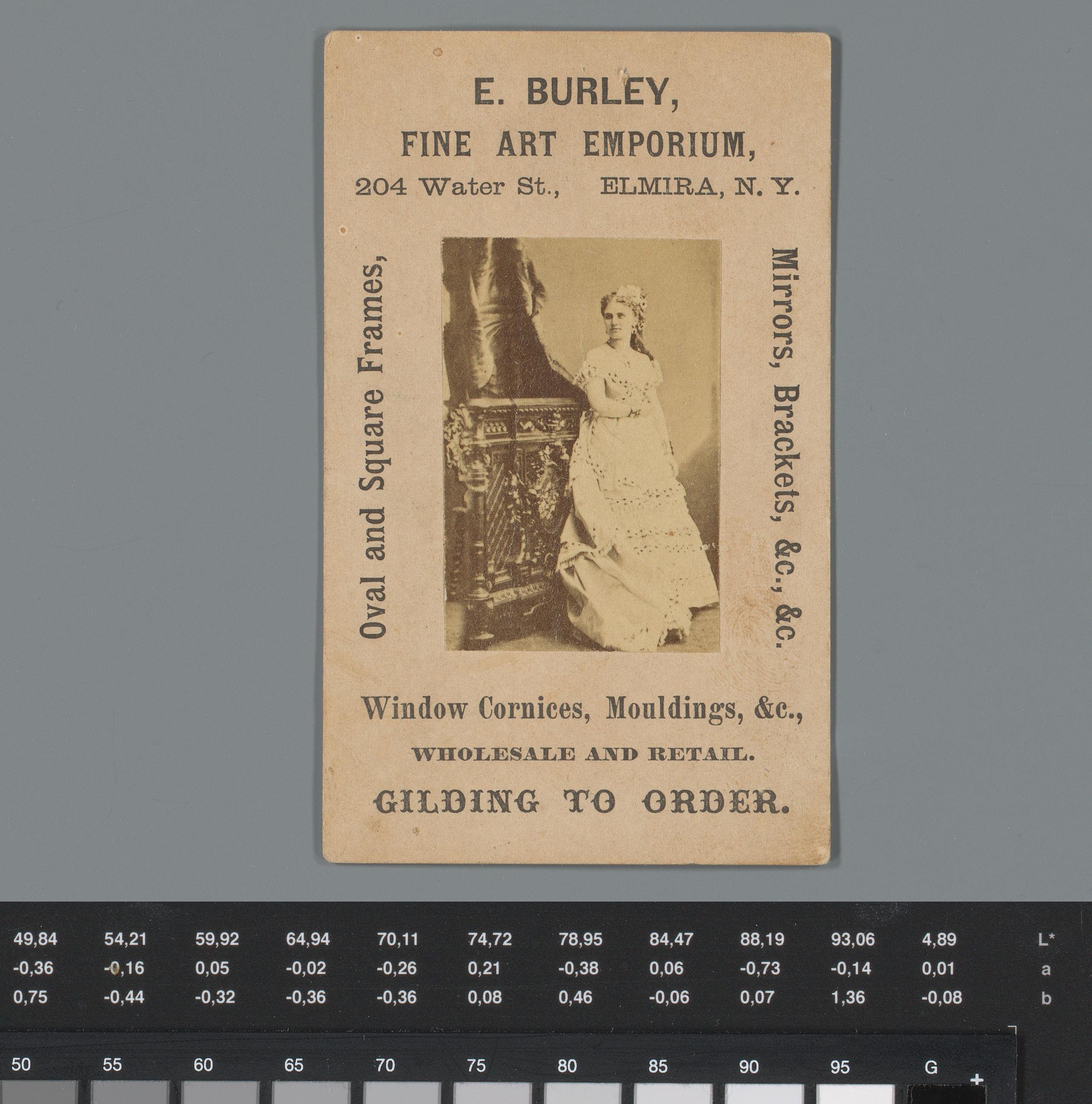 Reclame voor lijsten en spiegels van E. Burley te Elmira met een portret van Christina Nilsson