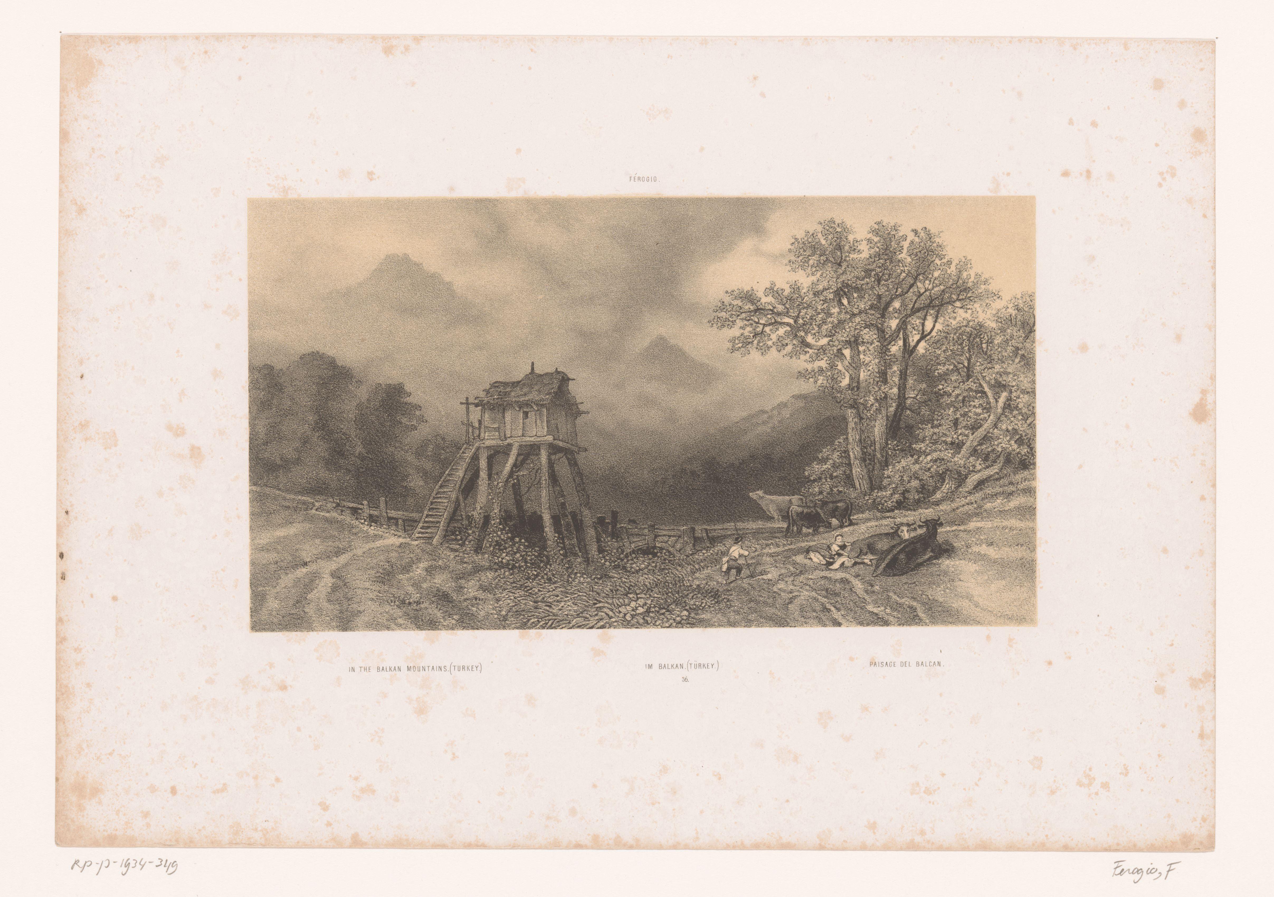 Landschap met hut, koeien en herders in de Balkan