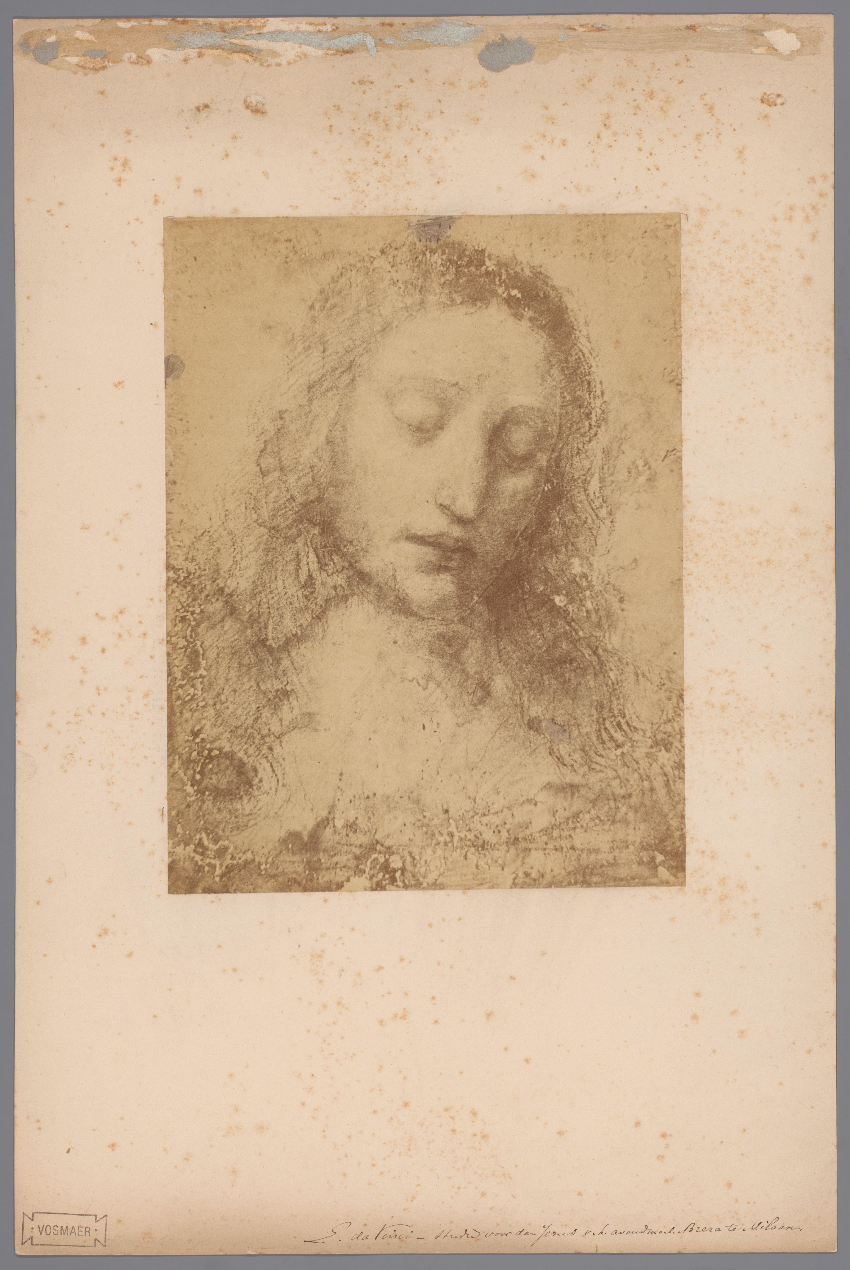 Fotoreproductie van de tekening Hoofd van Jezus (voorstudie voor het fresco Het laatste Avondmaal) door Leonardo da Vinci