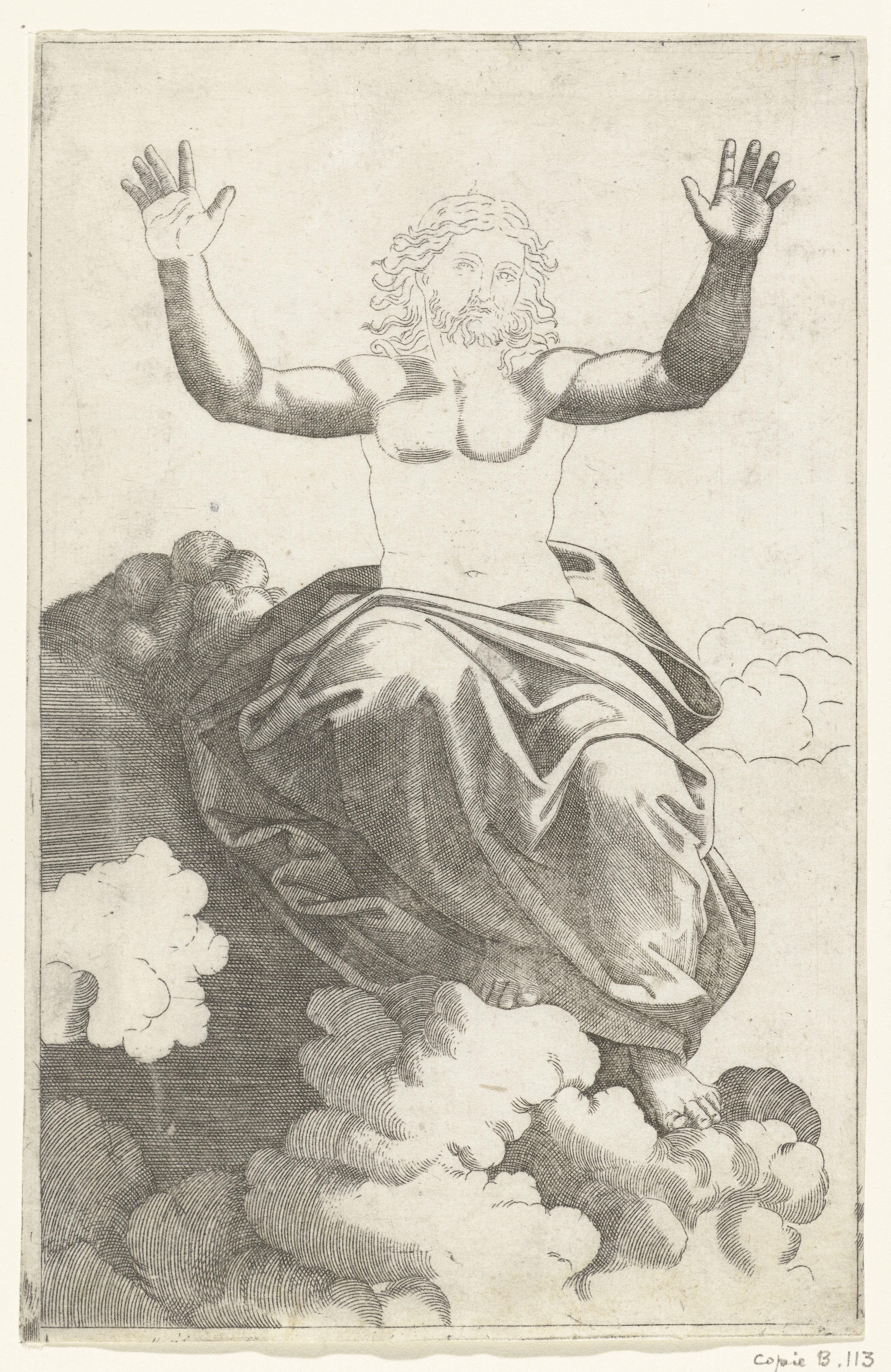 Christus zittend op wolken met opgeheven armen