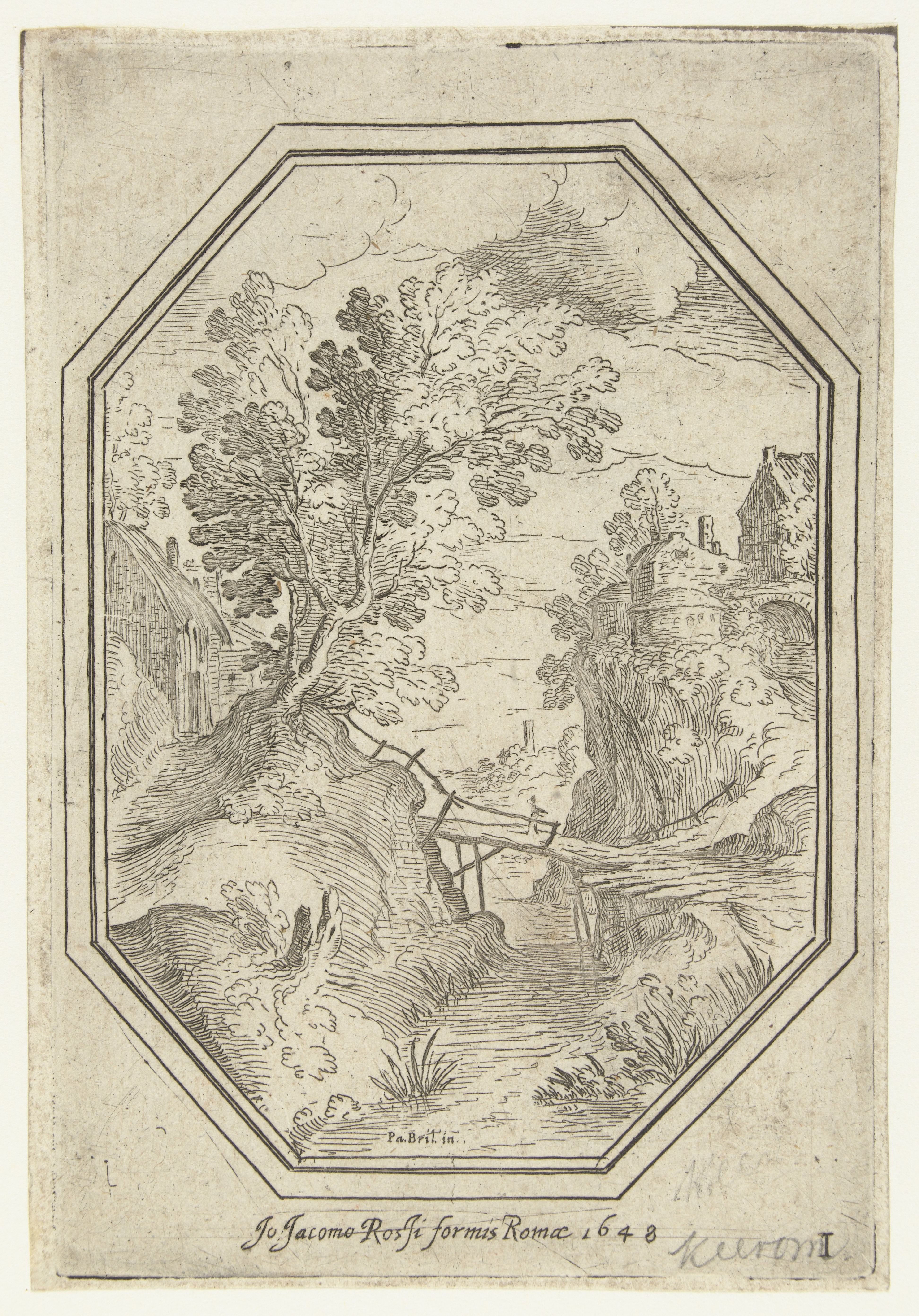 Landschap met houten brug in octagonaal kader
