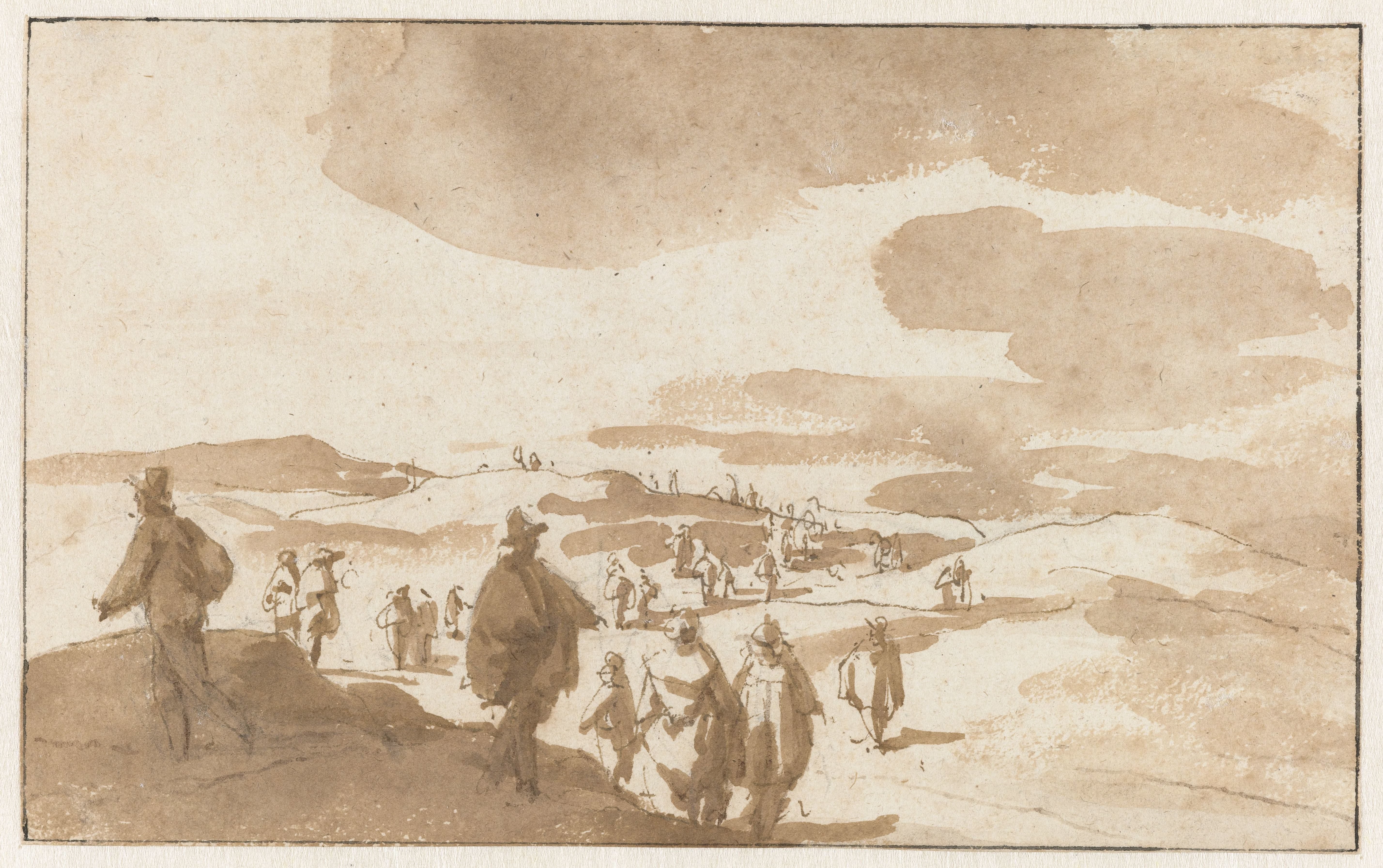 Twee schetsen van mensen in de duinen bij Scheveningen