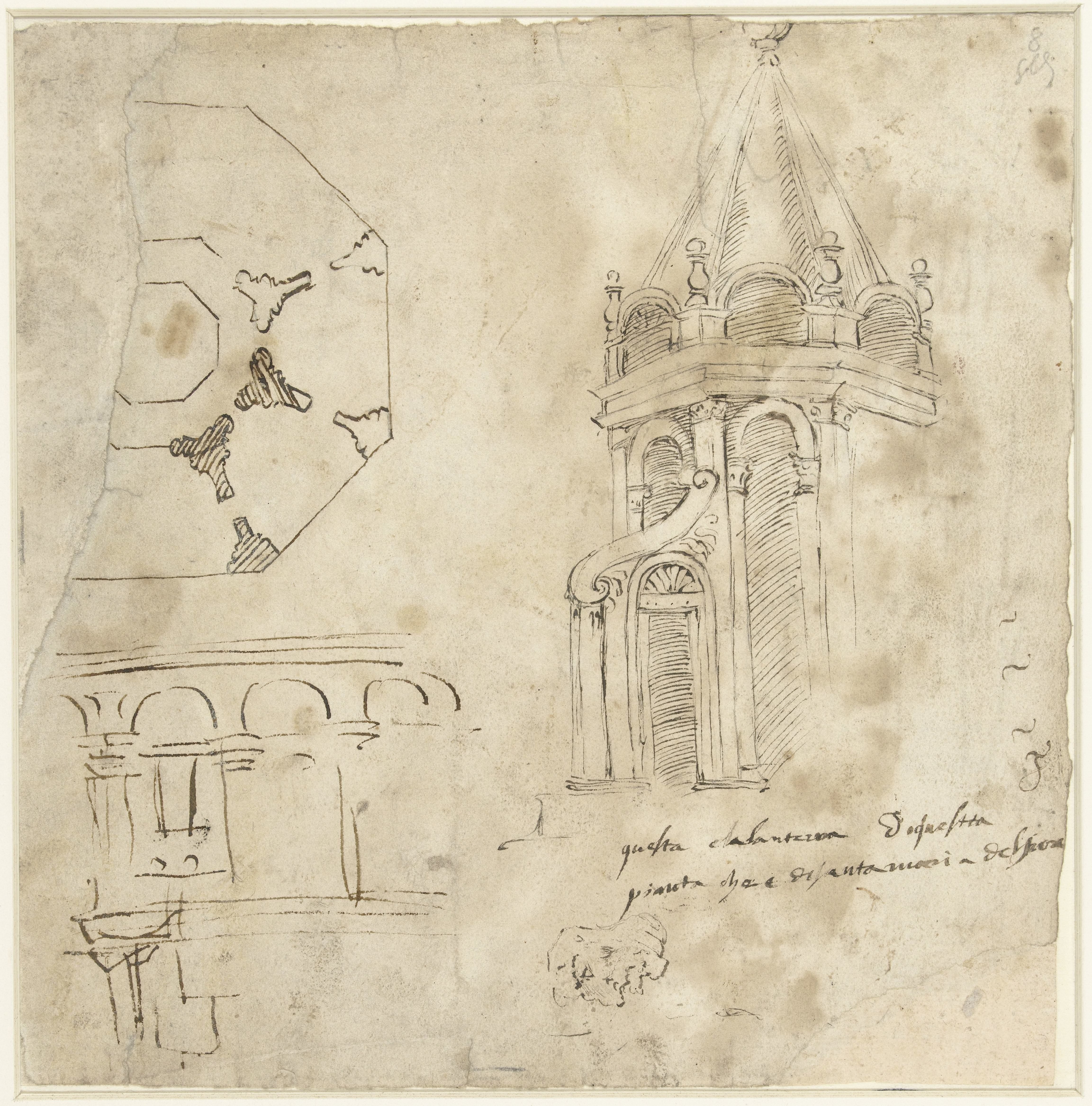 Schetsblad met details van de Dom van Florence en een profielkop