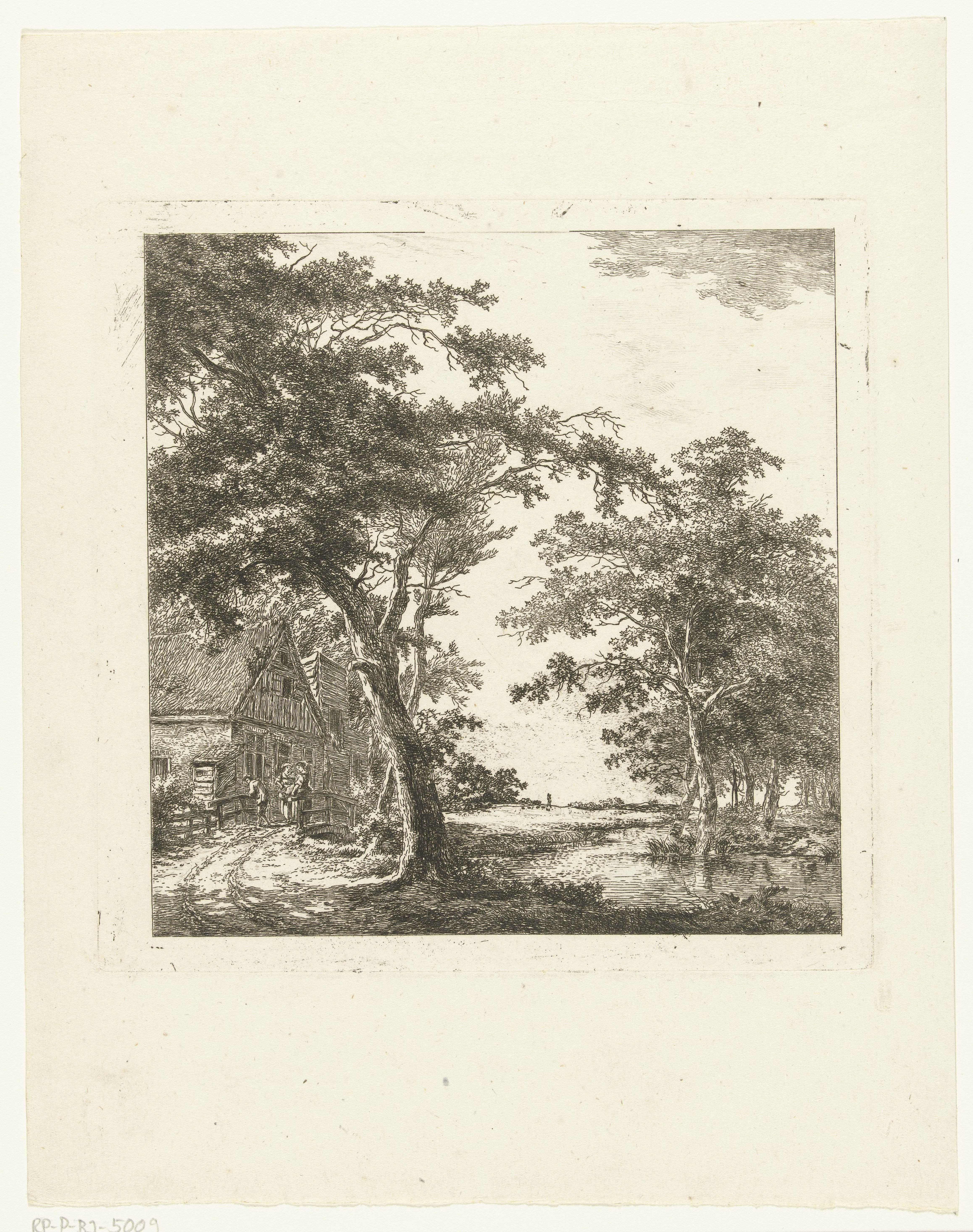 Drie figuren op een bruggetje voor een huis