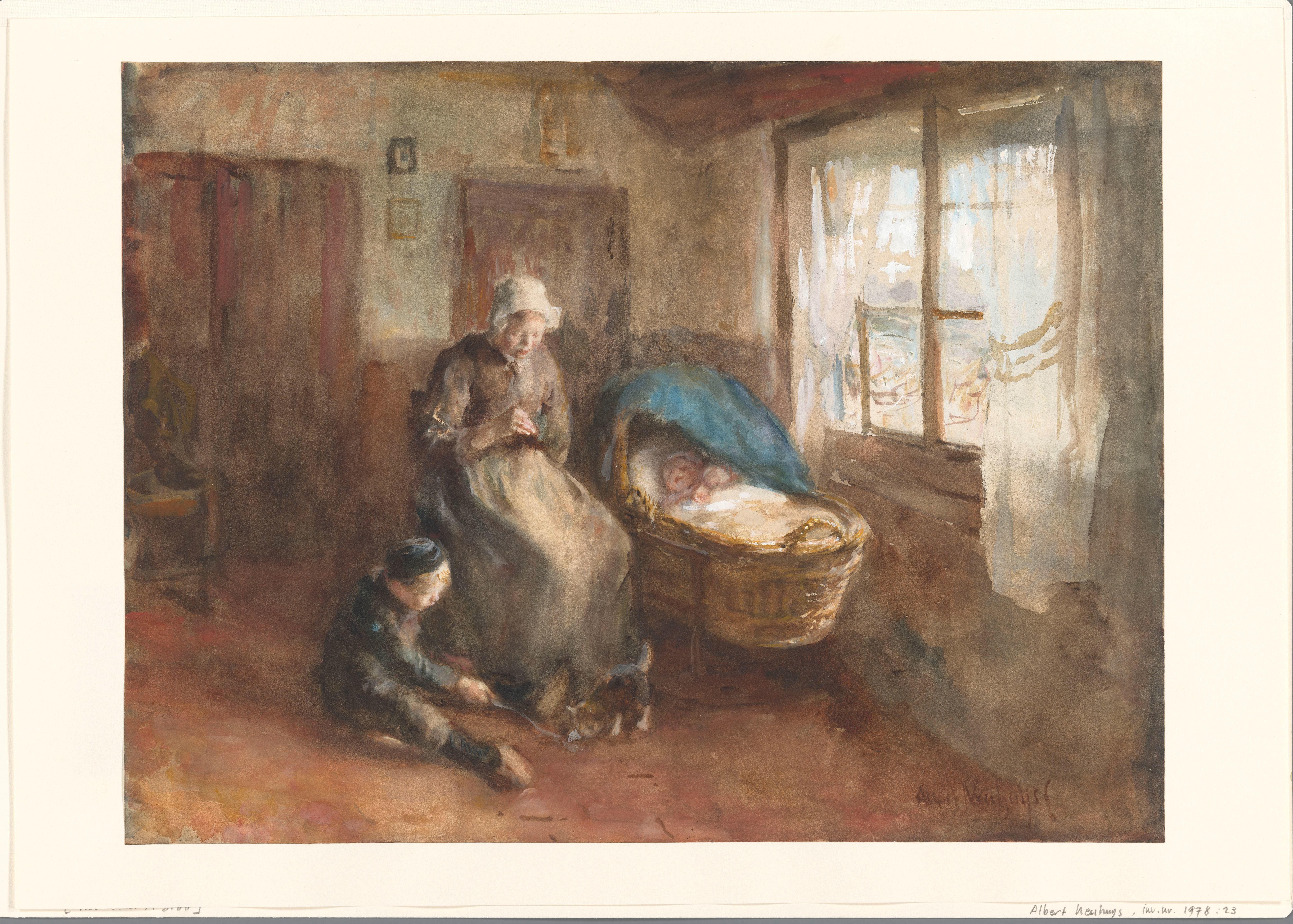 Interieur met een vrouw bij een wieg en een jongetje op de grond