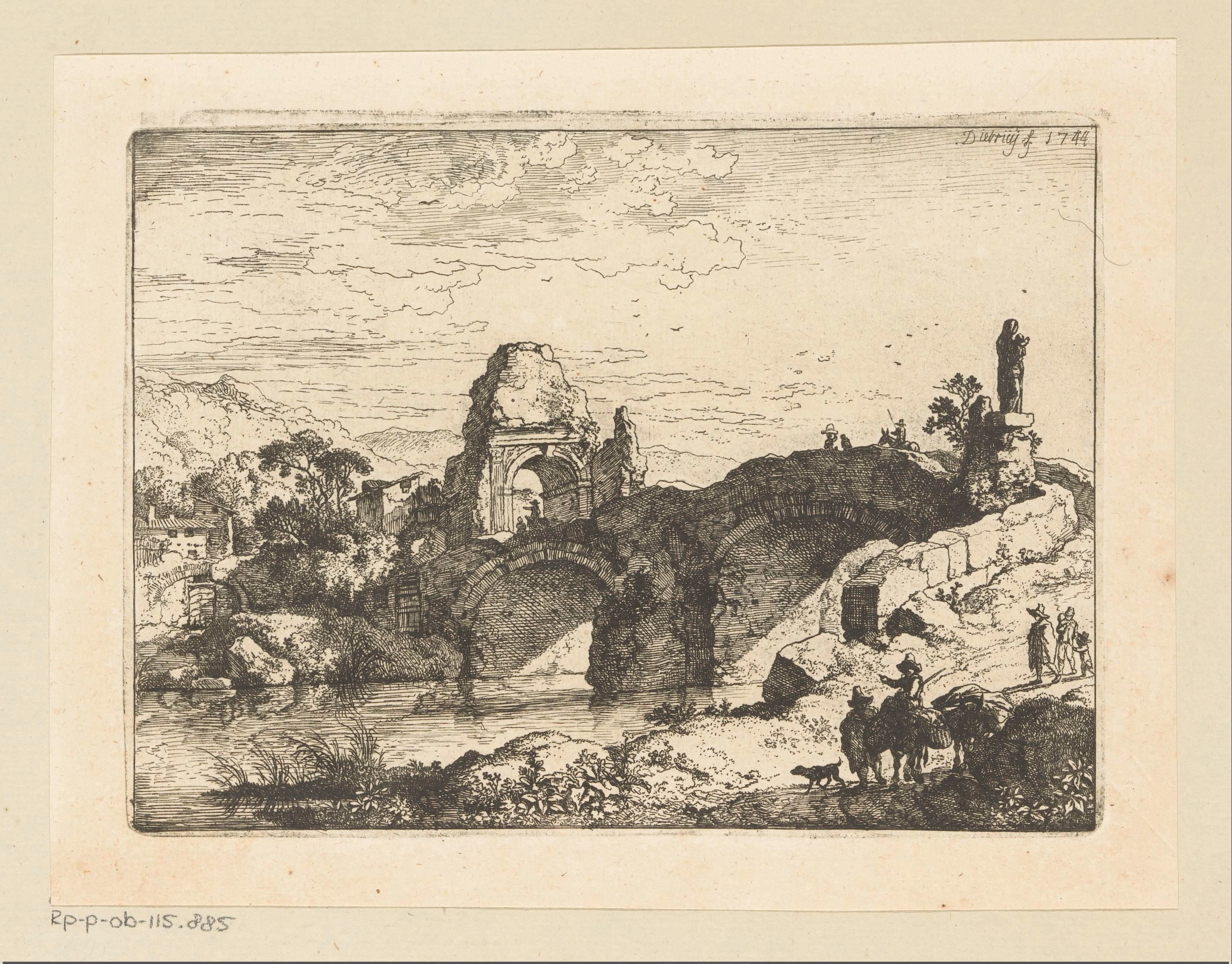 Landschap met de ruïne van een poort naast een vervallen brug