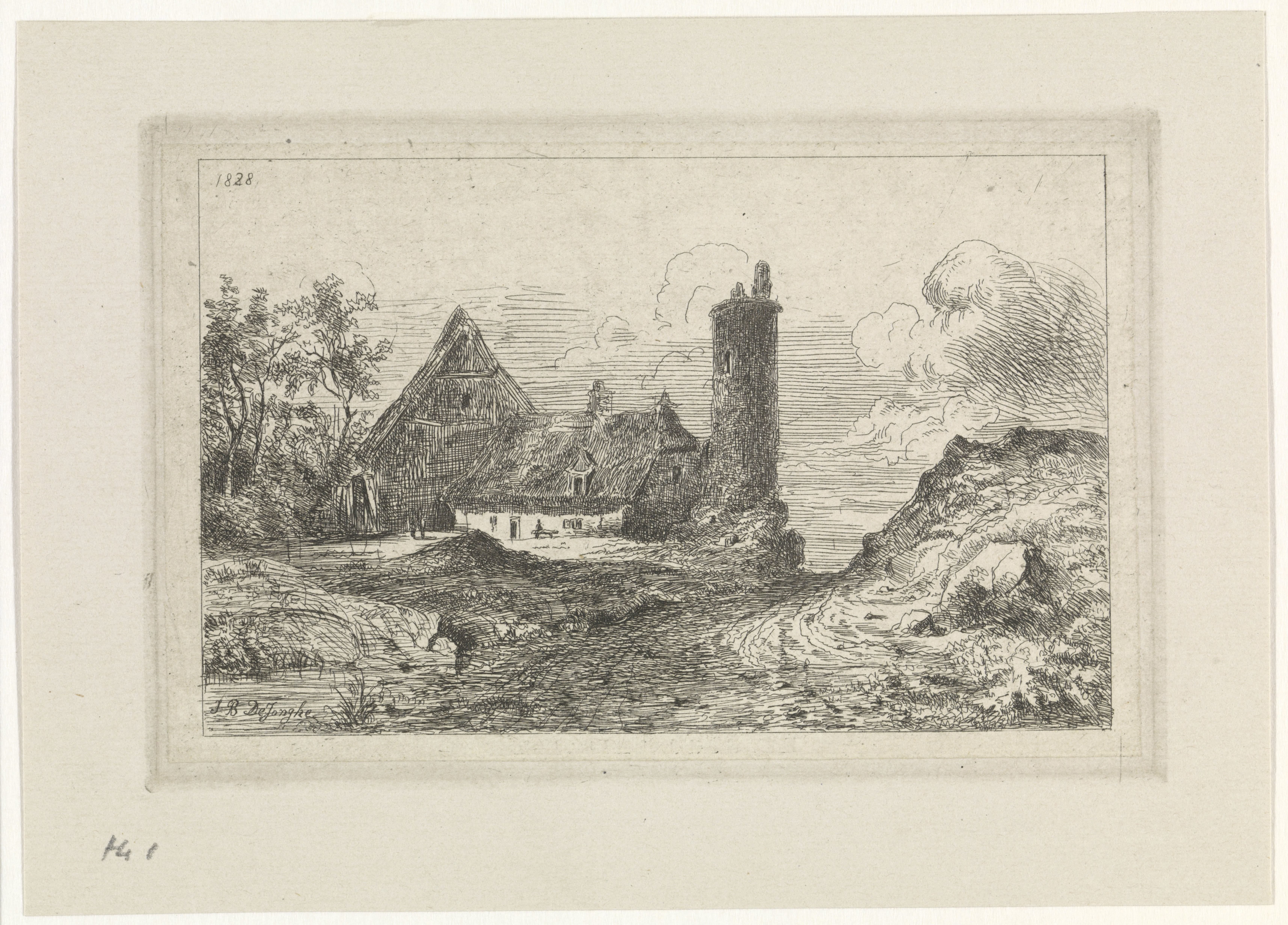 Landschap met boerderij en toren