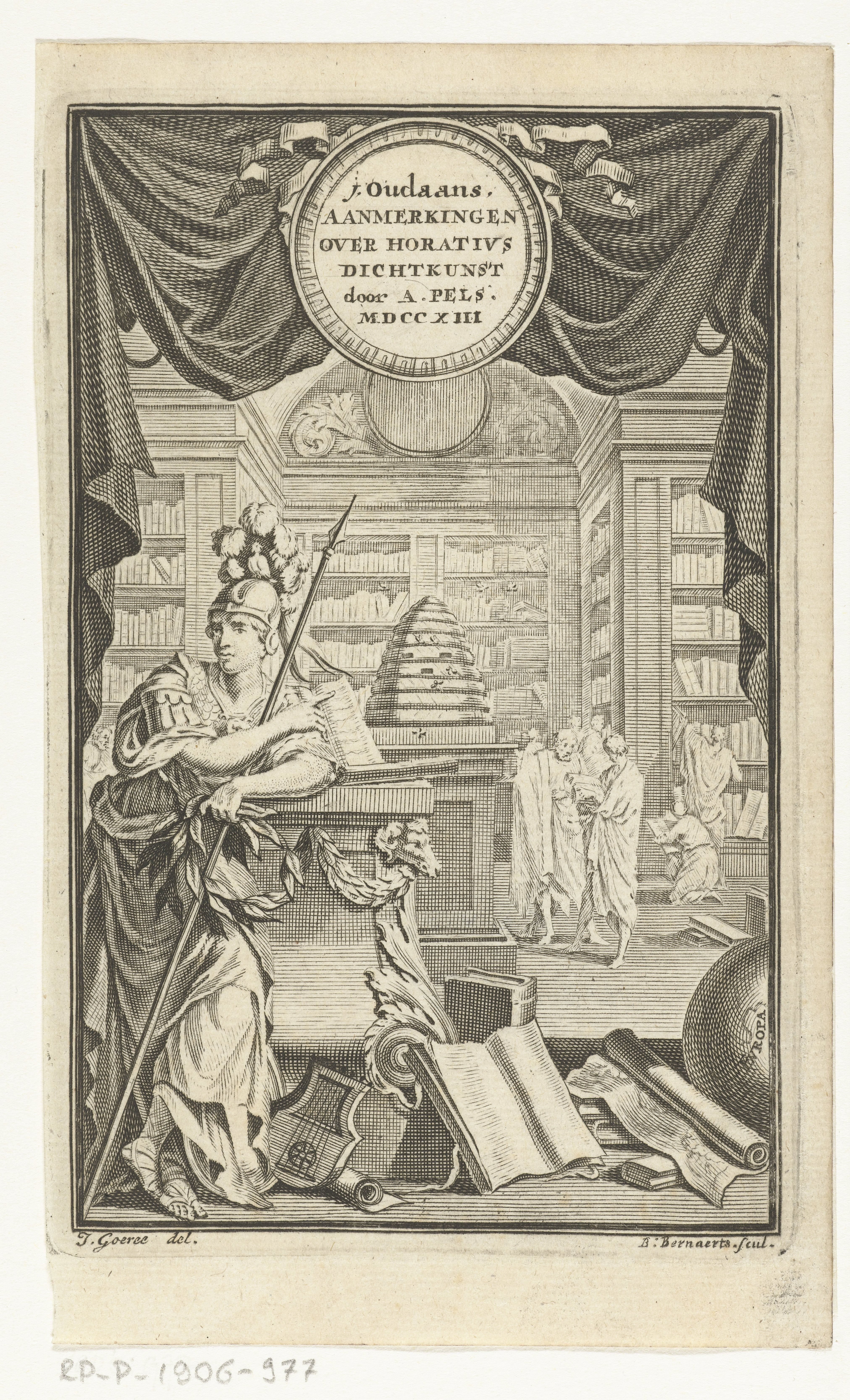 Titelpagina voor Andries Pels, J. Oudaans aanmerkingen over Q. Horatius Flaccus dichtkunst, op onze tyden en zeden gepast. Amsterdam, 1713