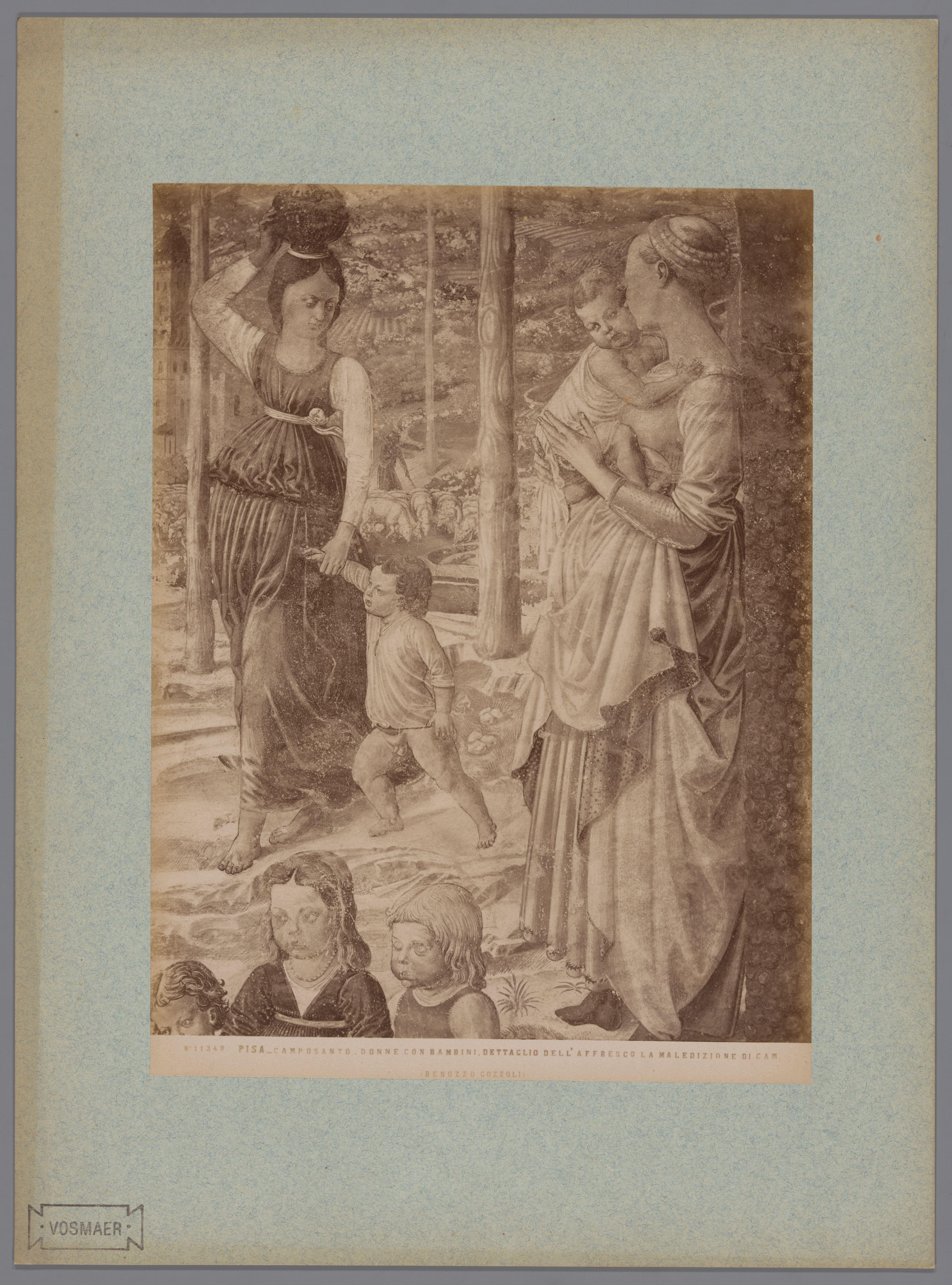 Fotoreproductie van een detail van het fresco De vervloeking van Cham naar Benozzo Gozzoli in het Camposanto te Pisa, Italië