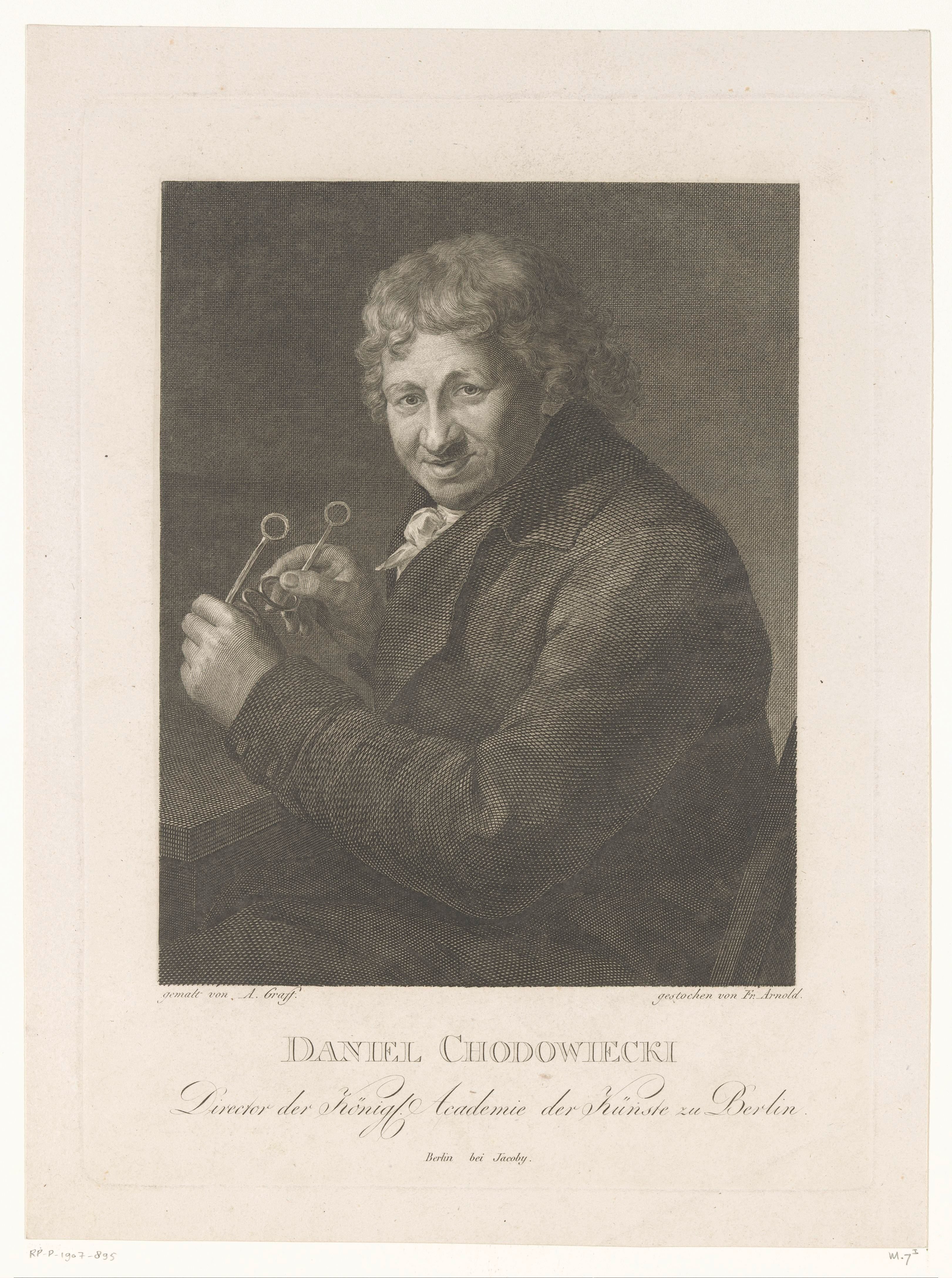 Portret van Daniel Nikolaus Chodowiecki met een bril in zijn handen