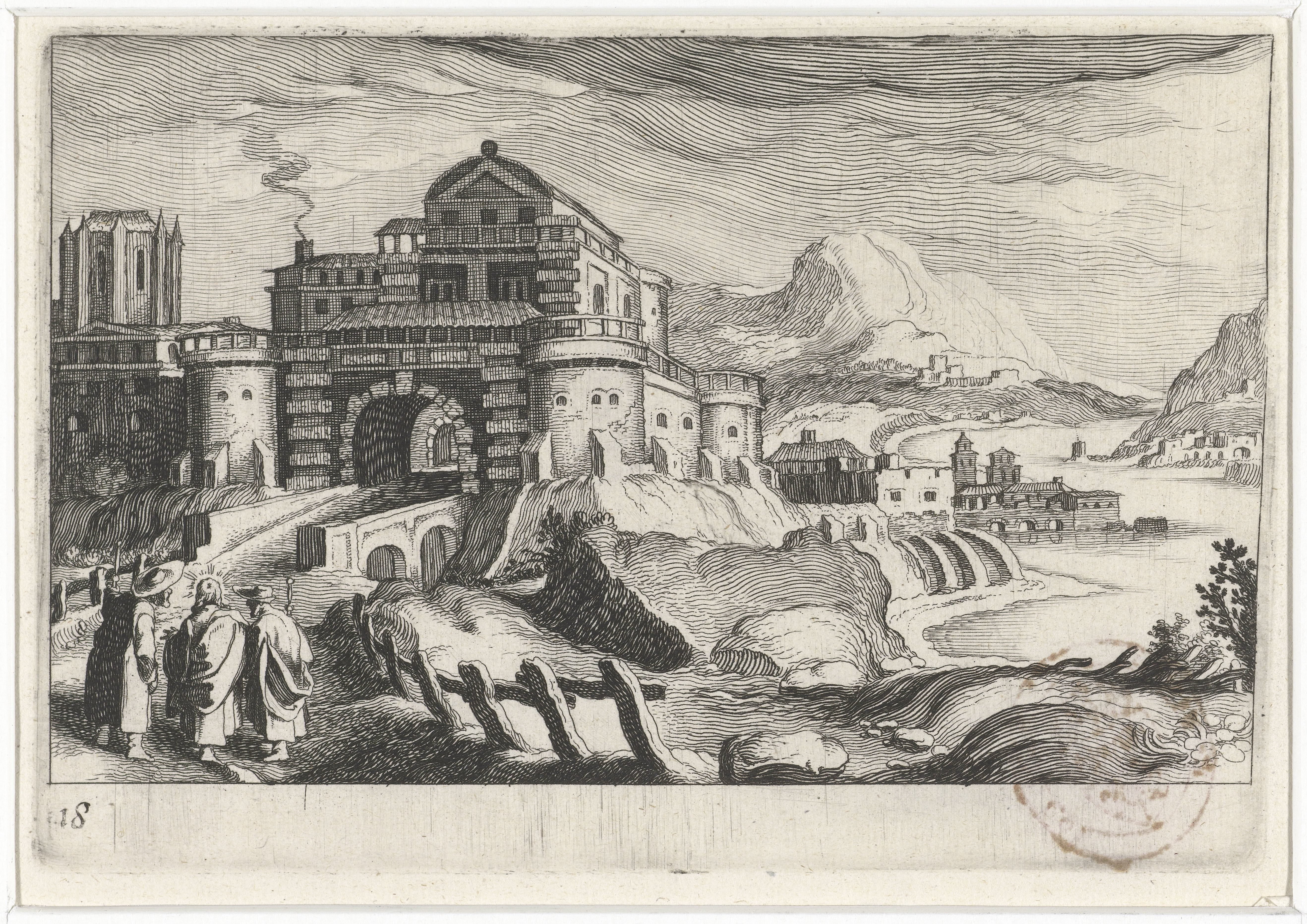 Emmäusgangers voor een stadspoort in een berglandschap