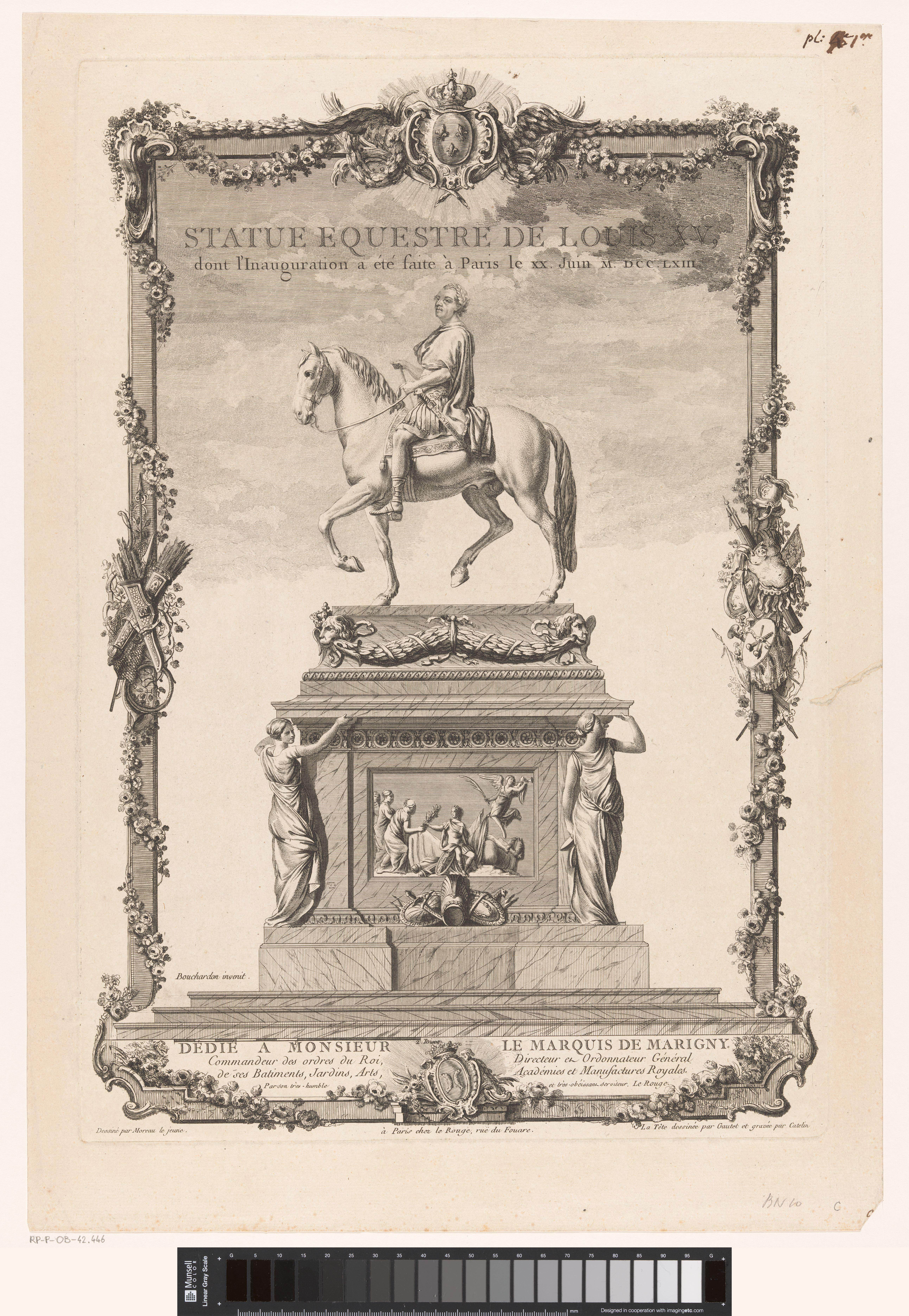Ruiterstandbeeld van Lodewijk XV op pedestal in decoratieve lijst