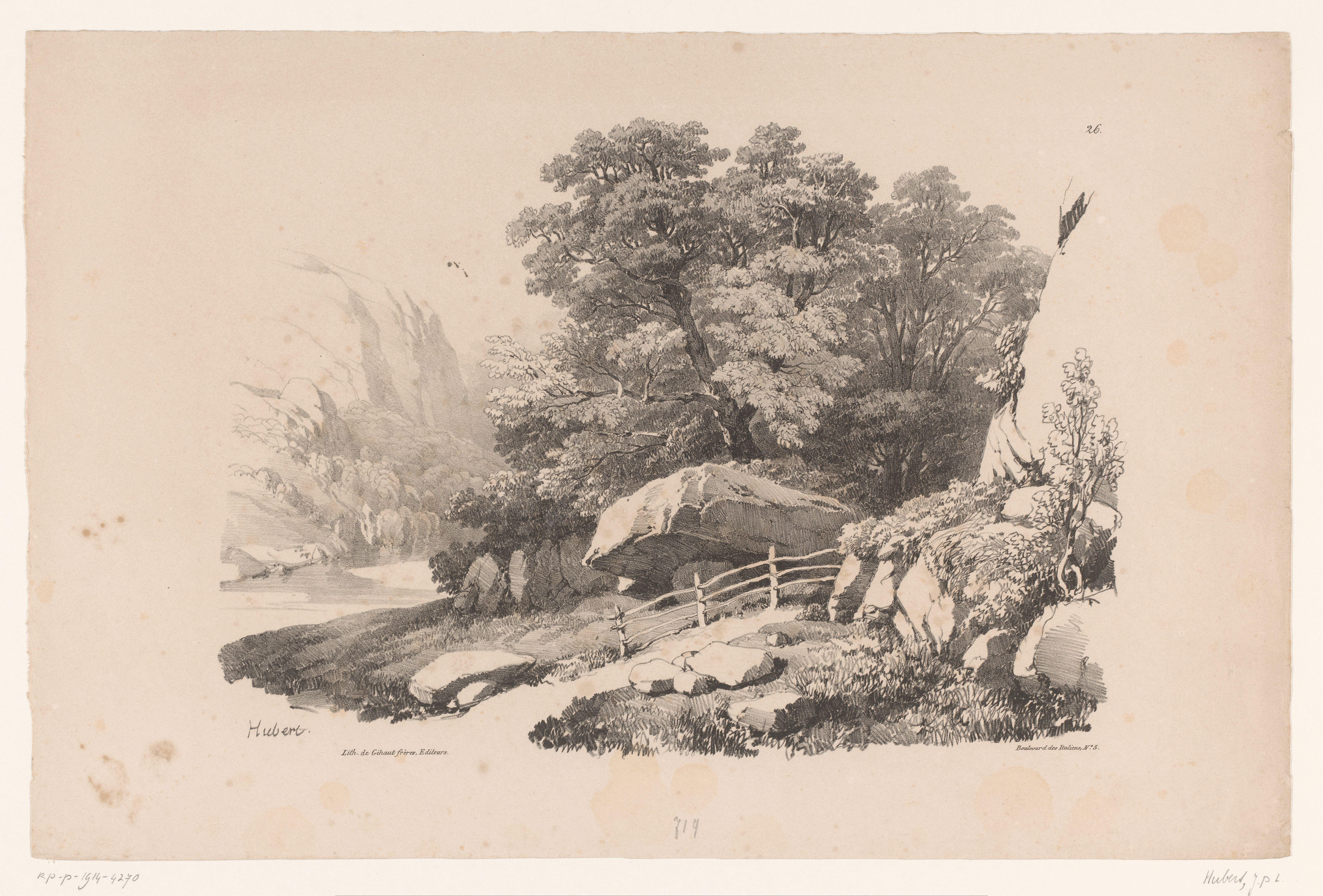 Rotslandschap met pad langs bomen en rivier