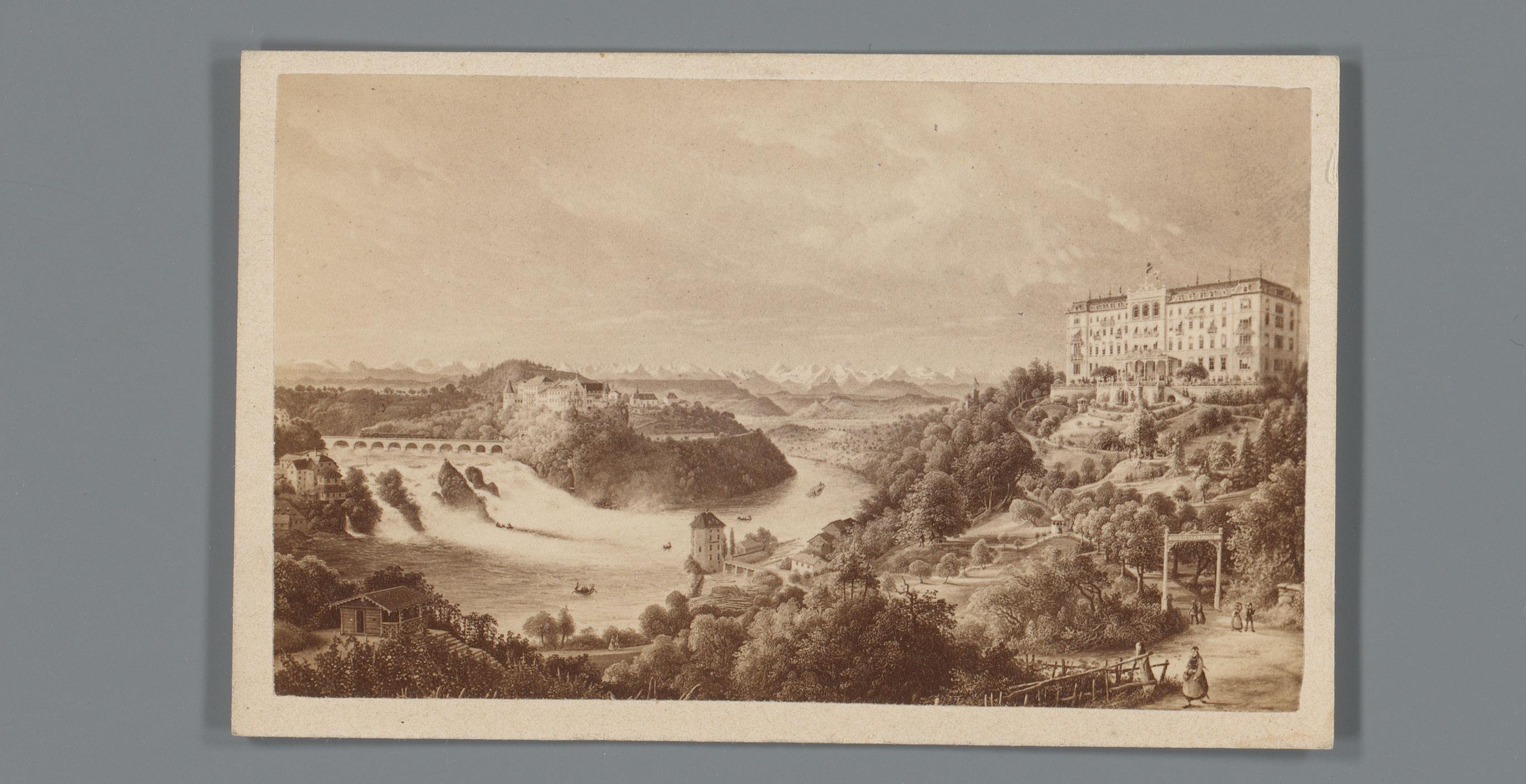 Fotoreproductie van een schilderij met Hôtel Schweizerhof met links de Rheinfall in Schaffhausen, Zwitserland