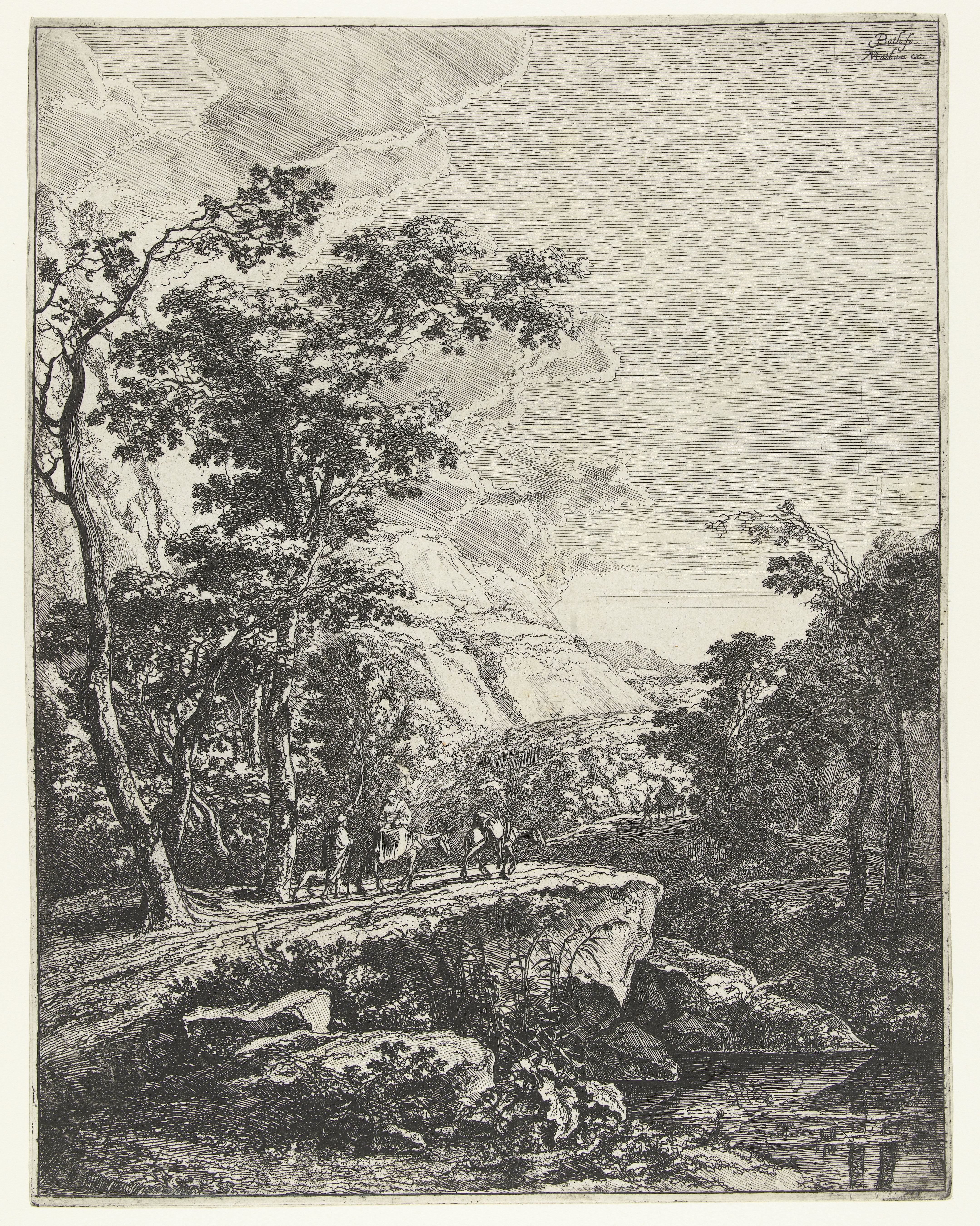 Landschap met vrouw rijdend op een muilezel langs de Aqua Negro tussen Bologna en Florence