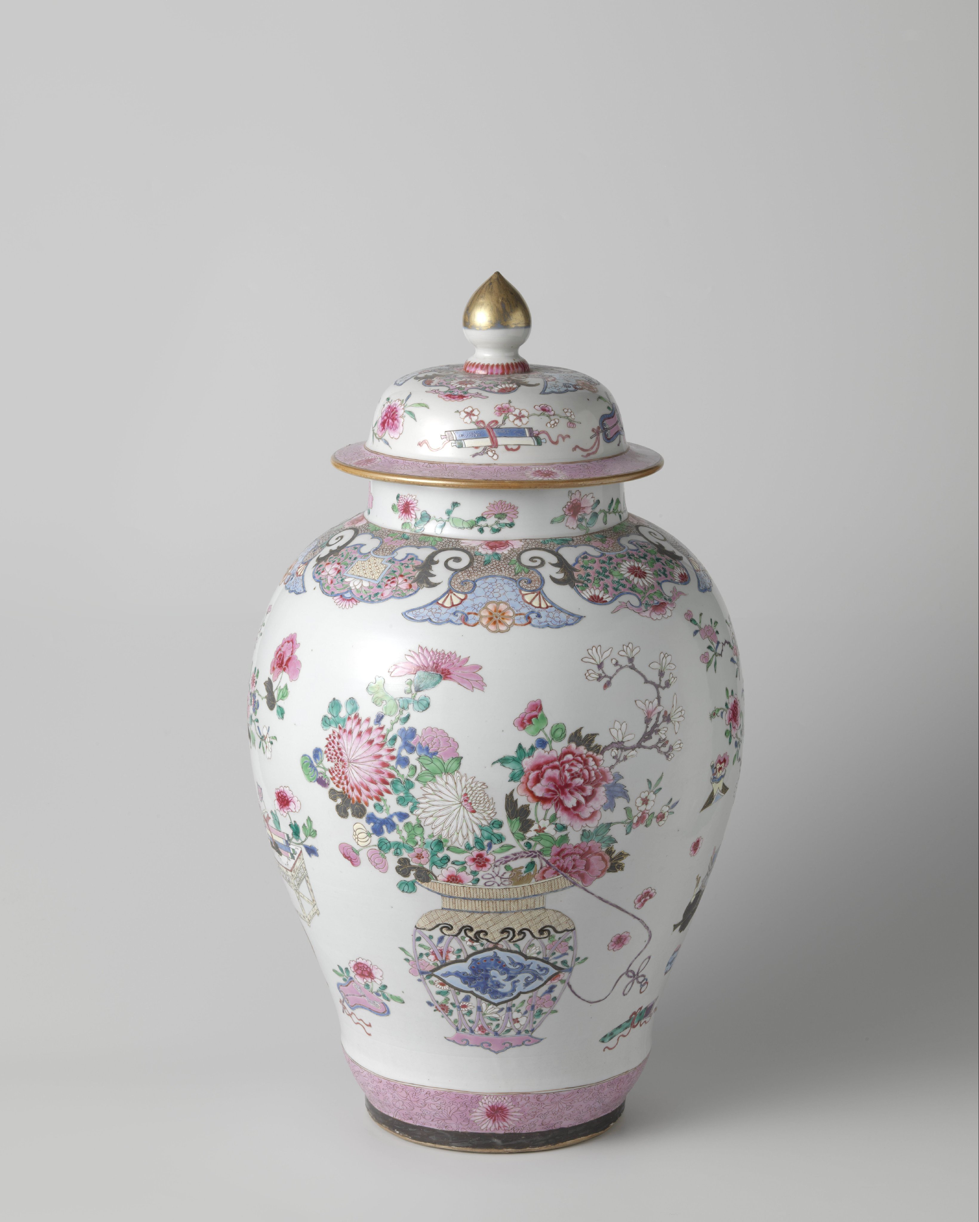 Ovoid covered jar with flower baskets and auspicious symbols