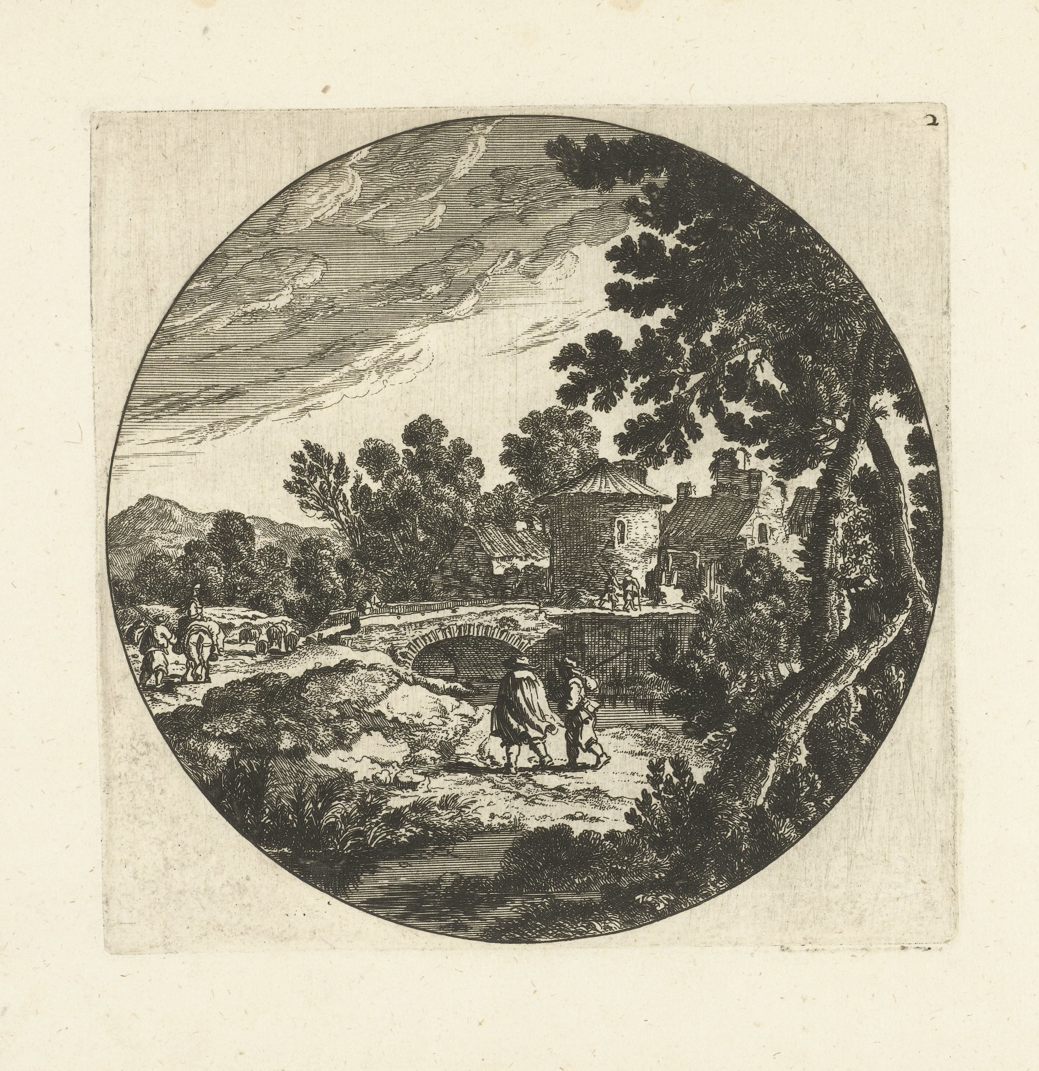 Zuidelijk landschap met stenen brug en figuren bij dorp in rond kader