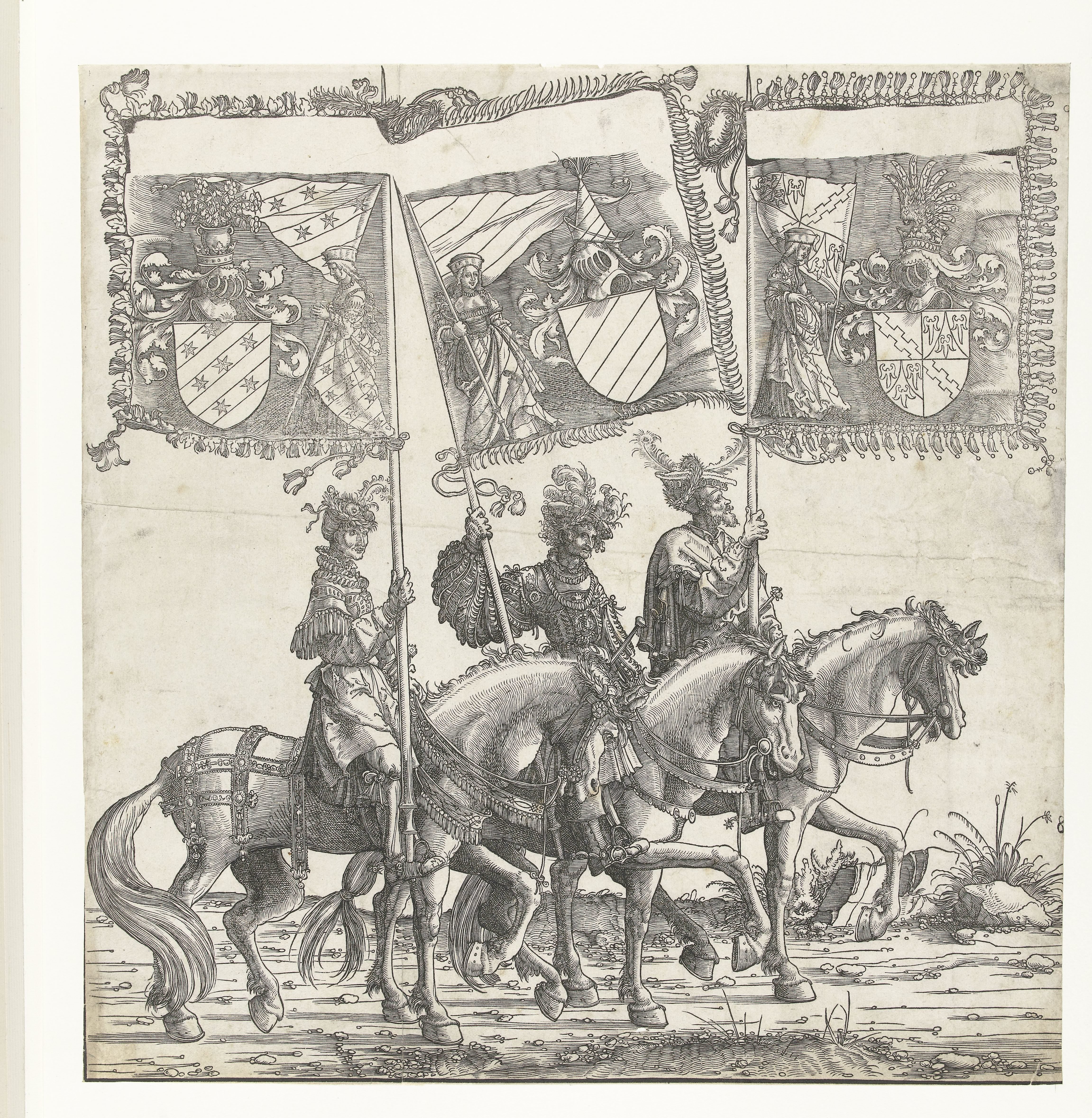 Drie mannen te paard dragen de Oostenrijkse vaandels van Ortenburg, Echingen en Achalm