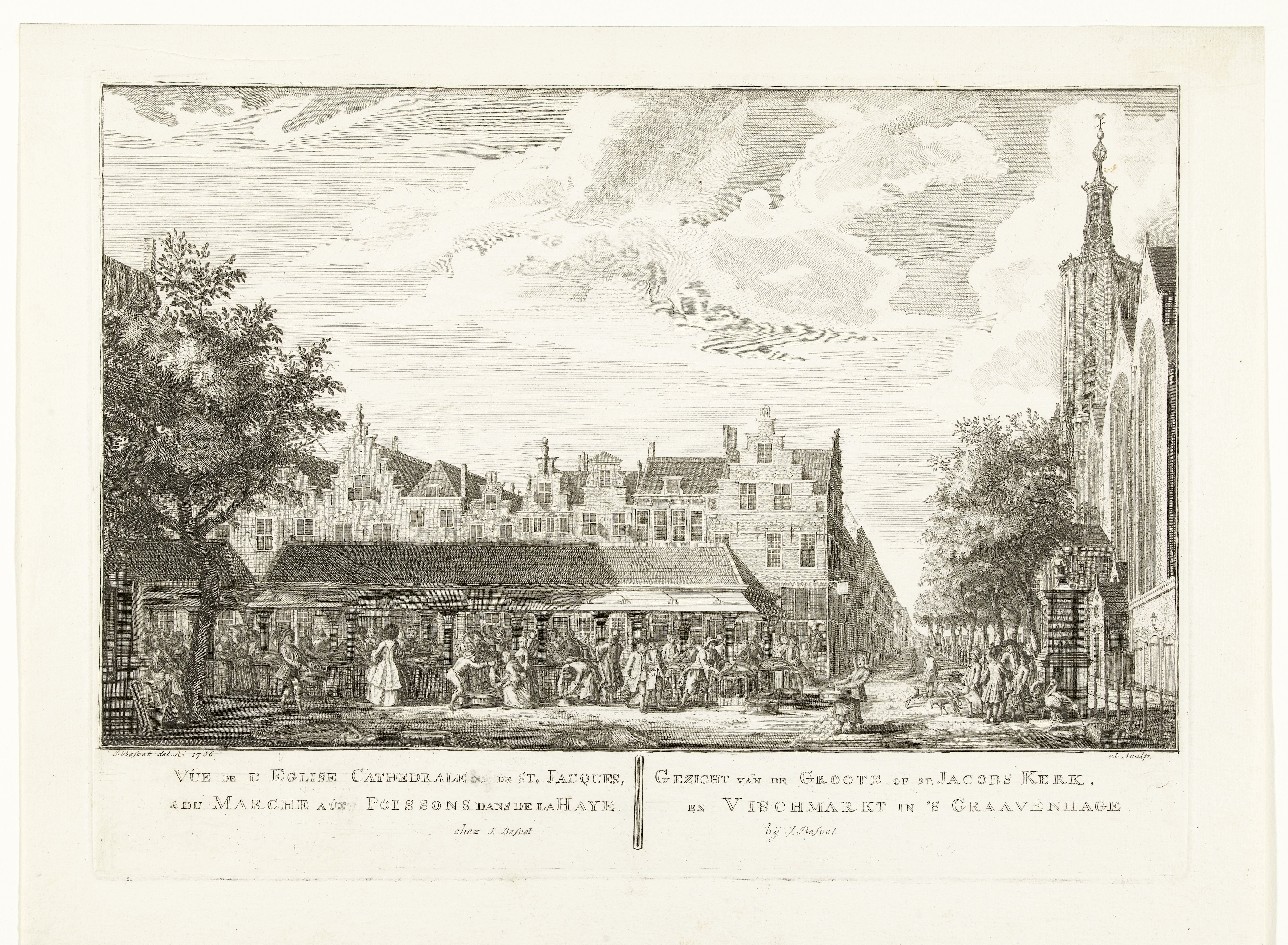 Gezicht op Grote of Sint Jacobskerk en Vismarkt te Den Haag