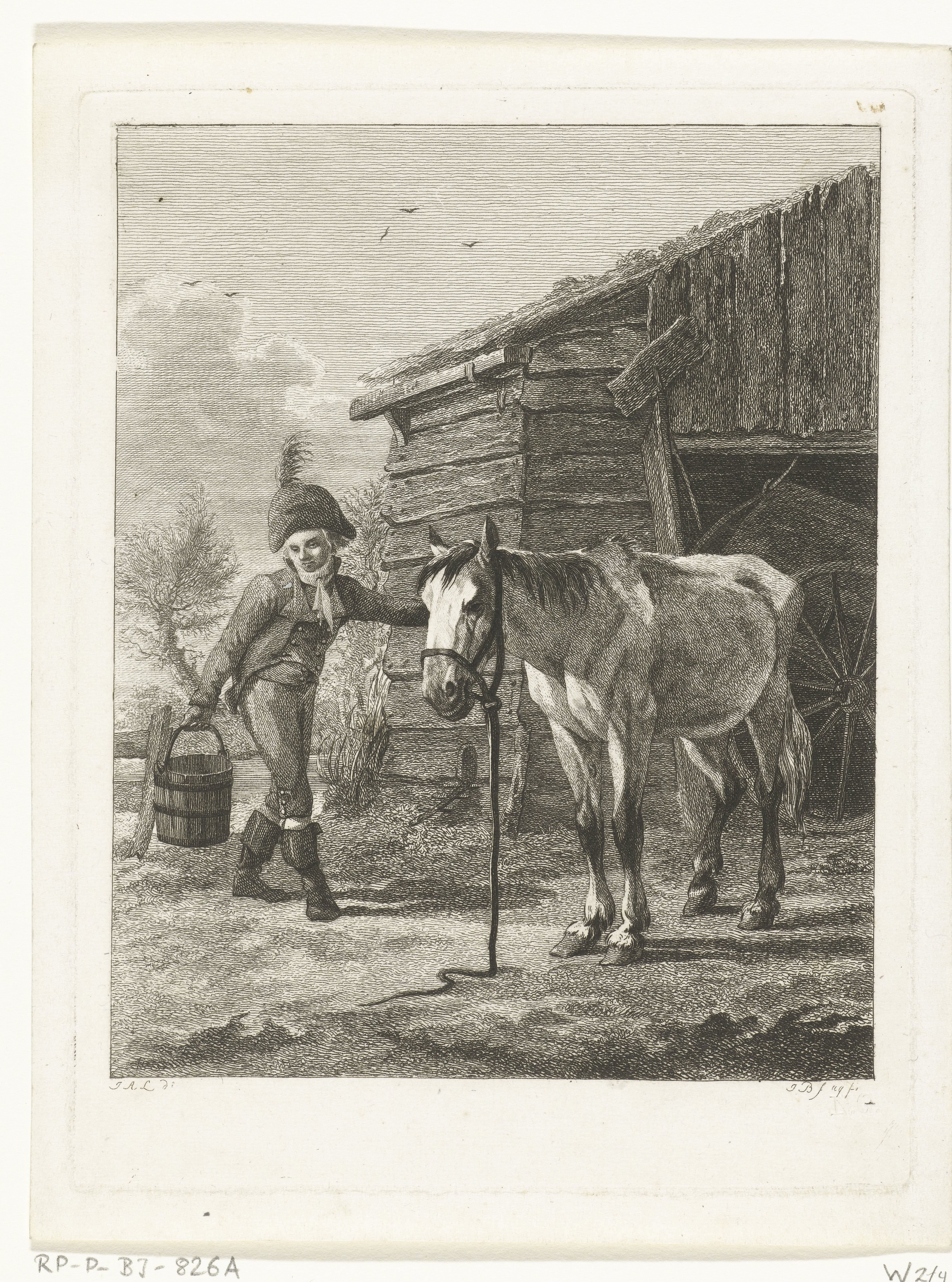 Een man haalt een emmer water voor zijn paard