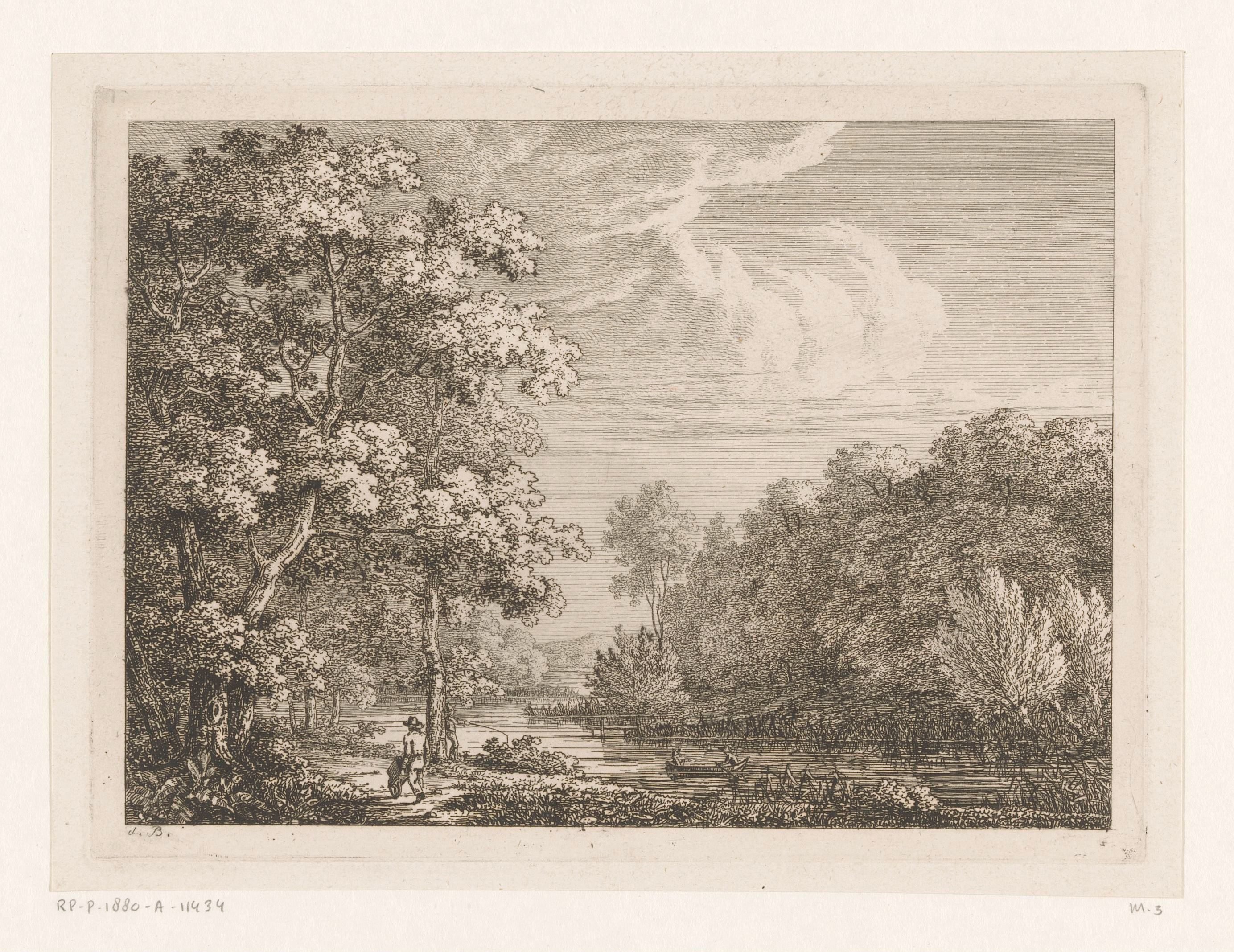 Boslandschap met een rivier, een man met een kruiwagen op de voorgrond
