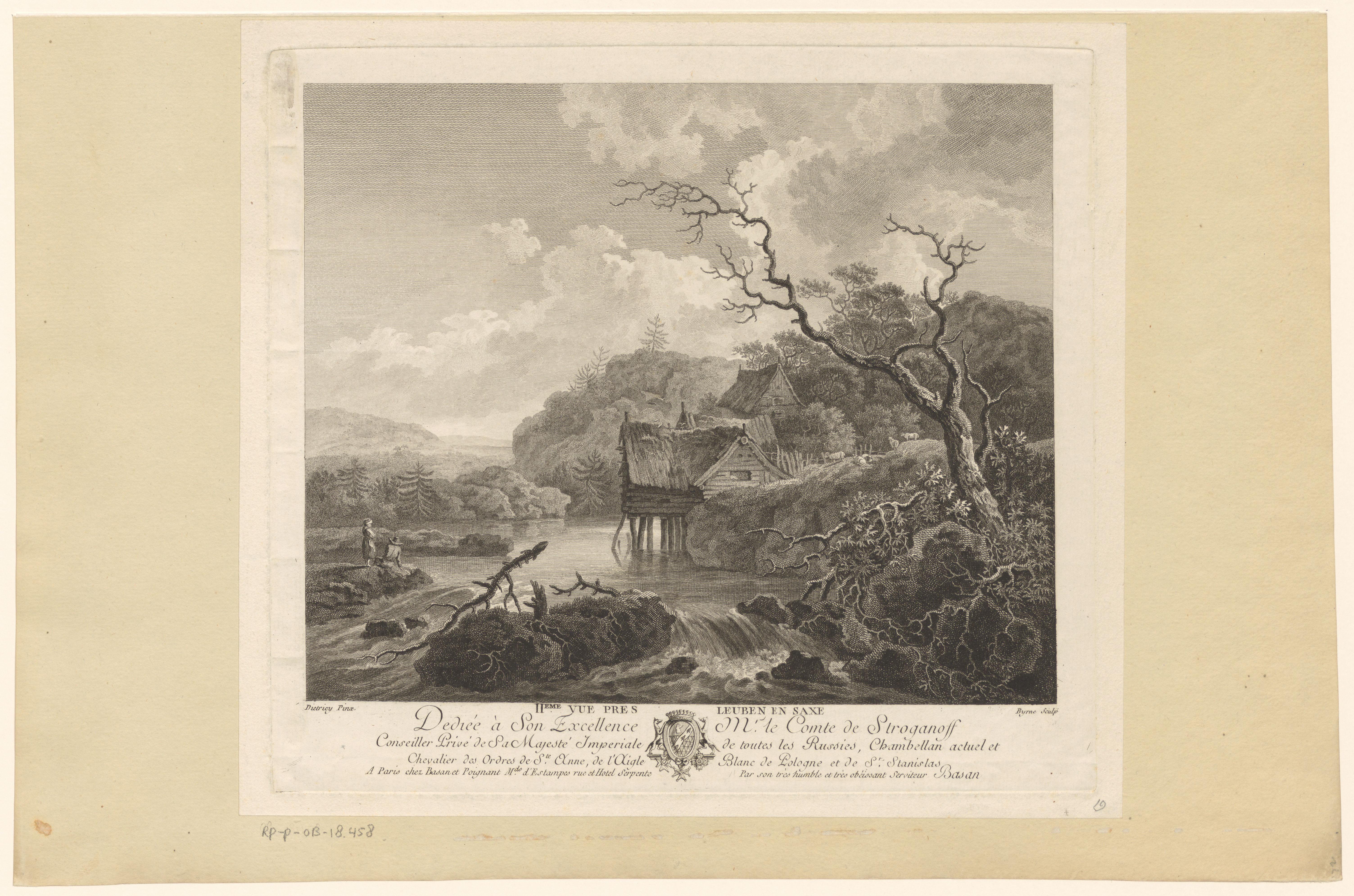 Landschap met hutten naast een beek bij Leuben-Schleinitz