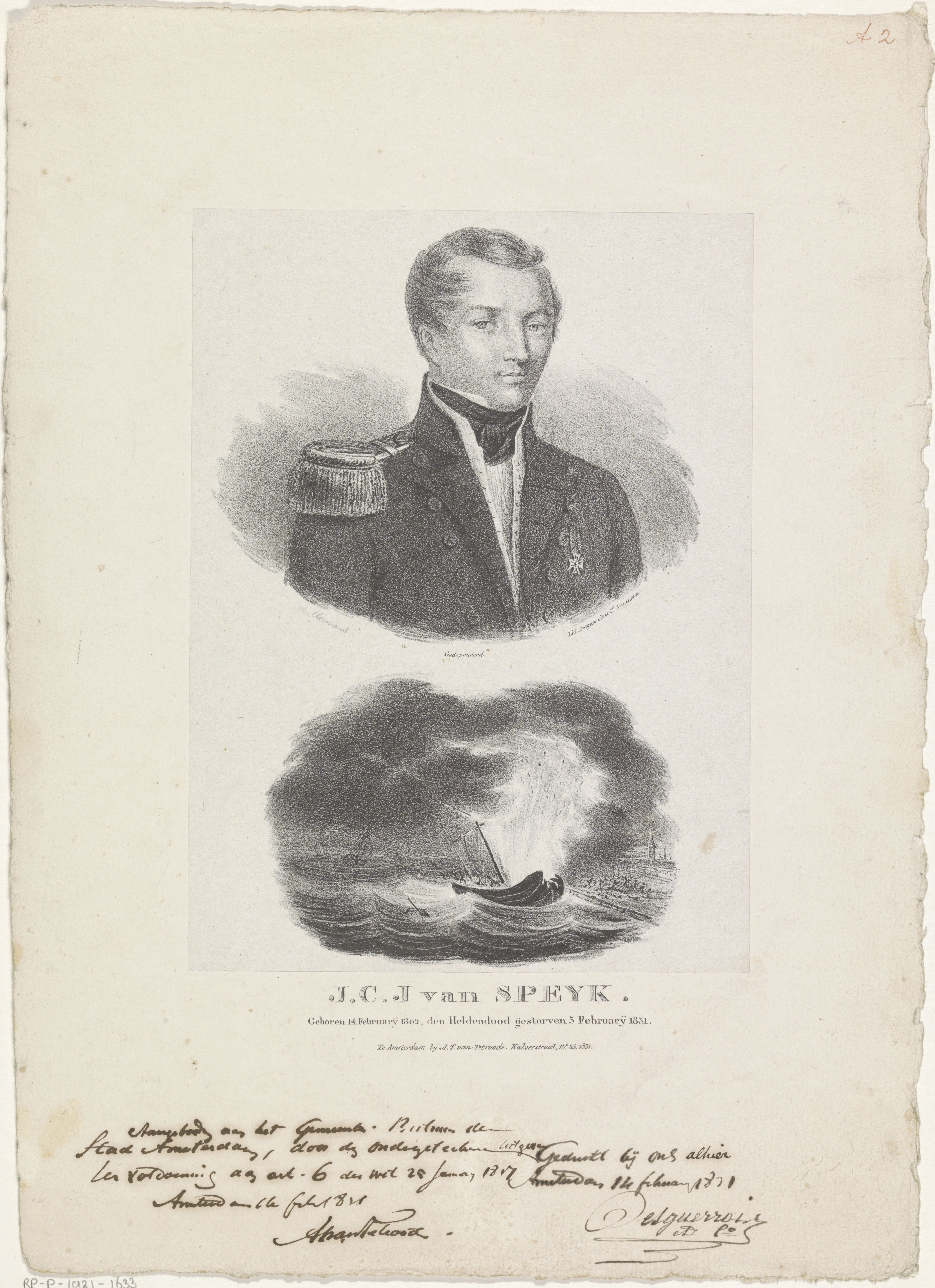 Portret van Jan van Speyk en de ontploffing van zijn schip