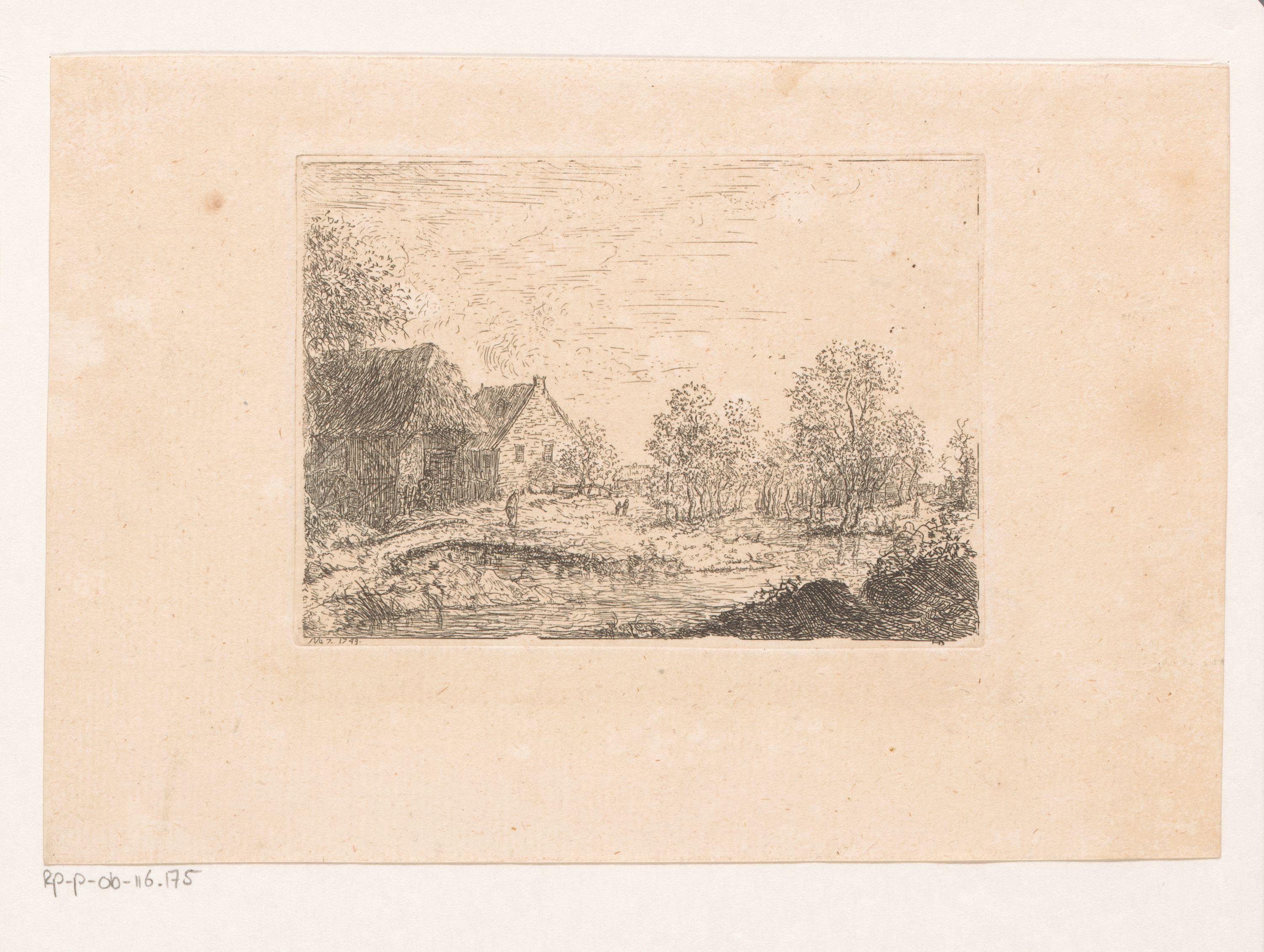 Landschap met boerderijen aan het water