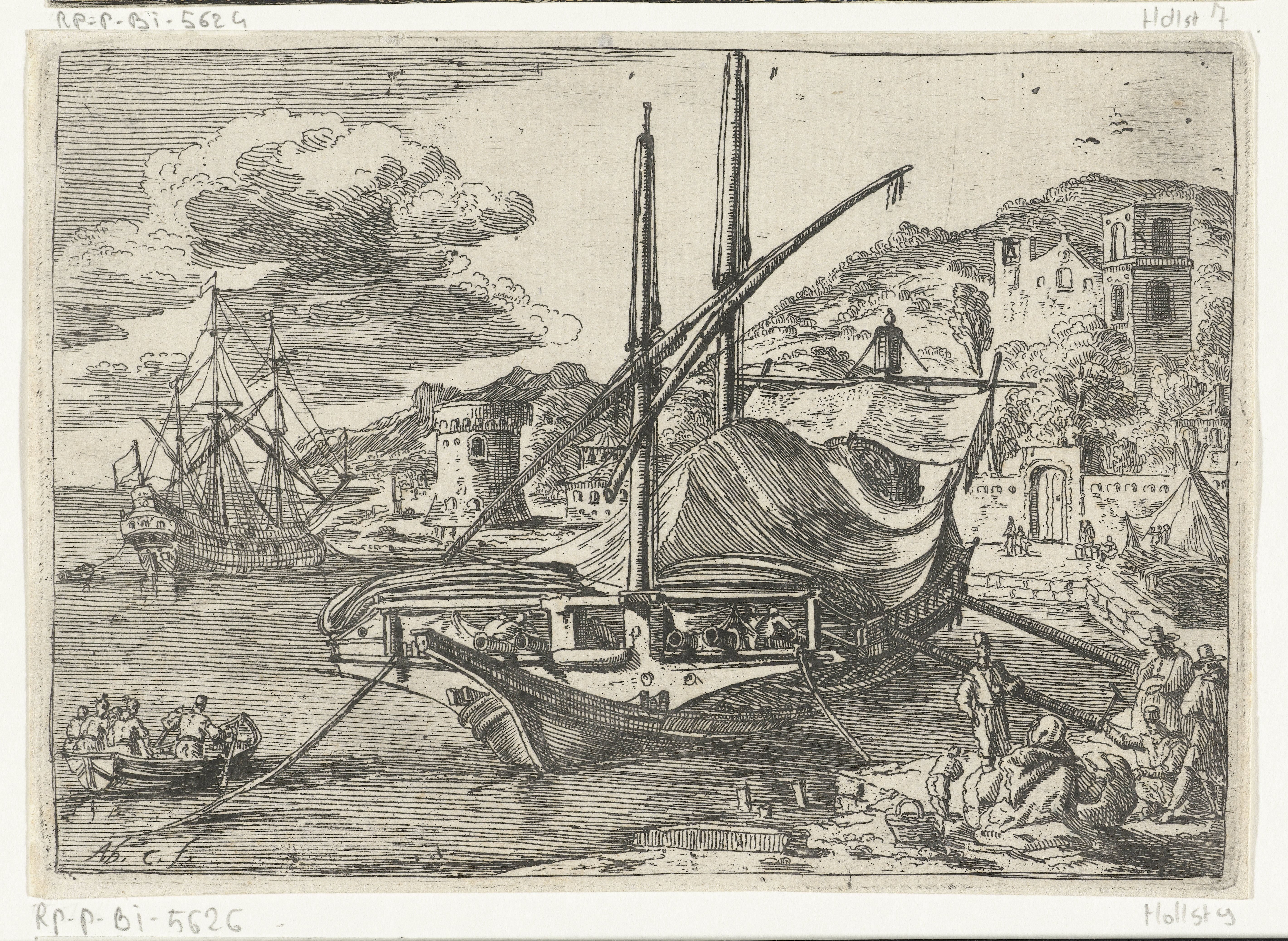 Galei voor anker bij de haven van Messina