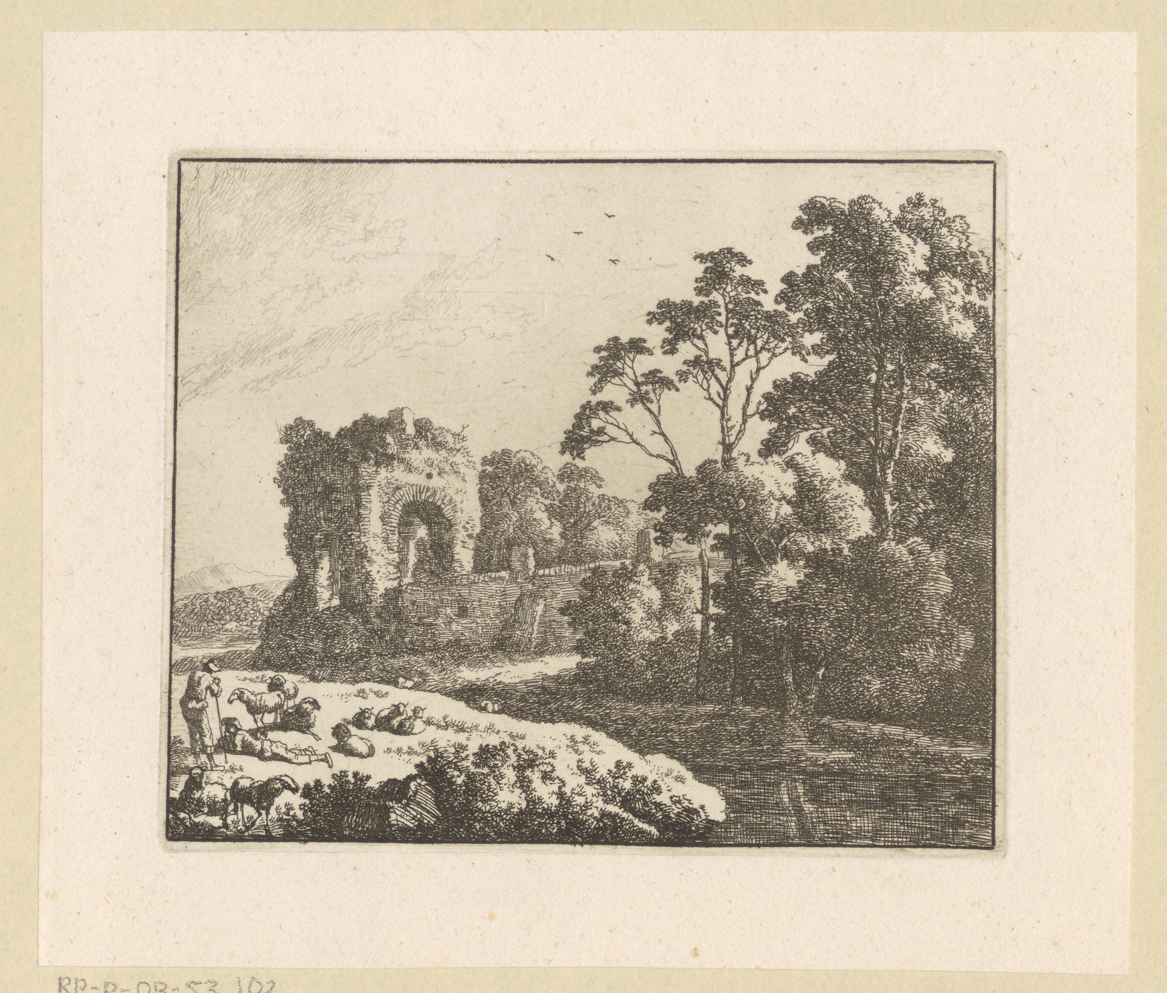 Landschap met ruïne en herders met schapen