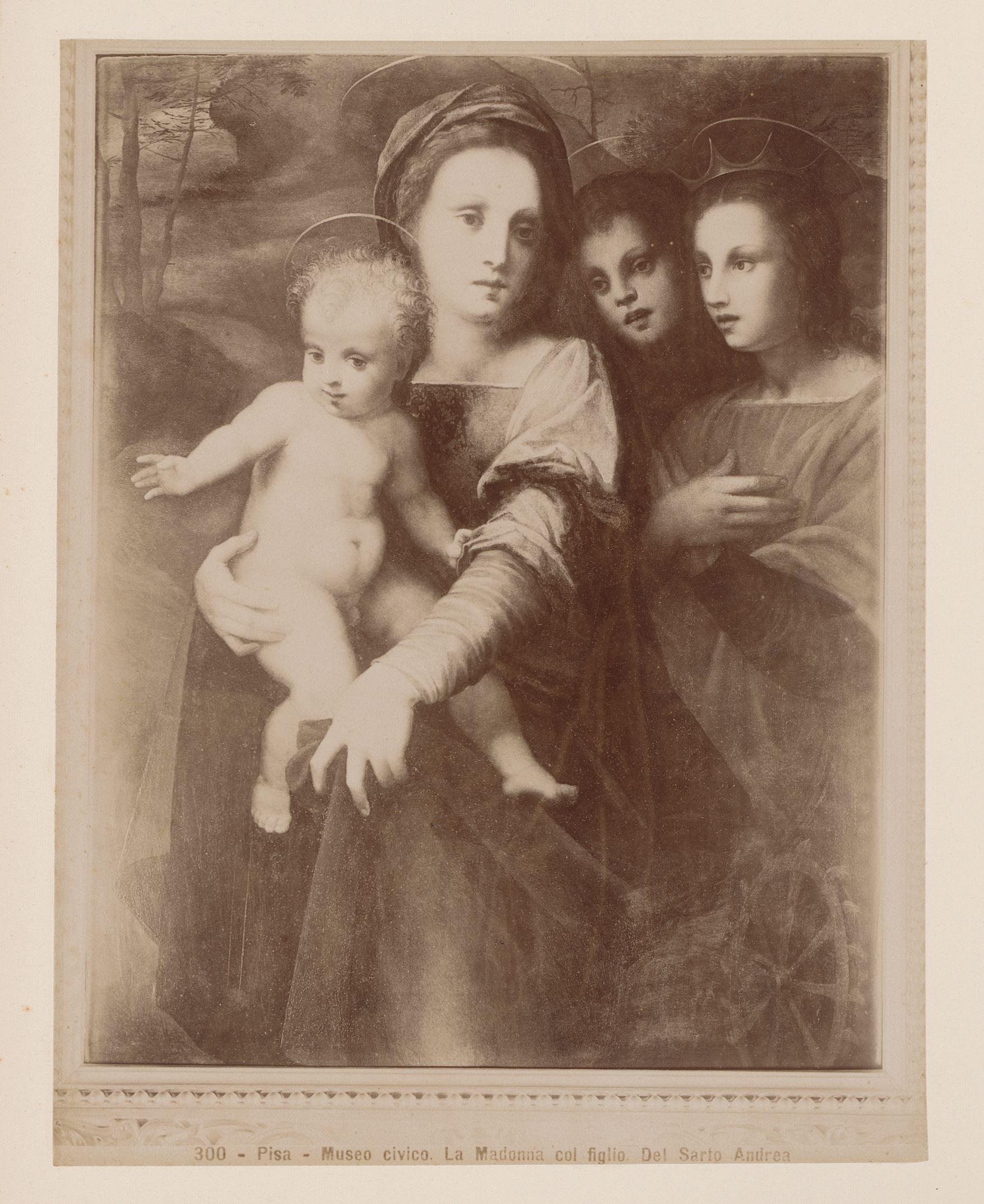 Fotoreproductie van een schilderij met Maria en kind door Andrea del Sarto in het Museo Civico te Pisa, Italië