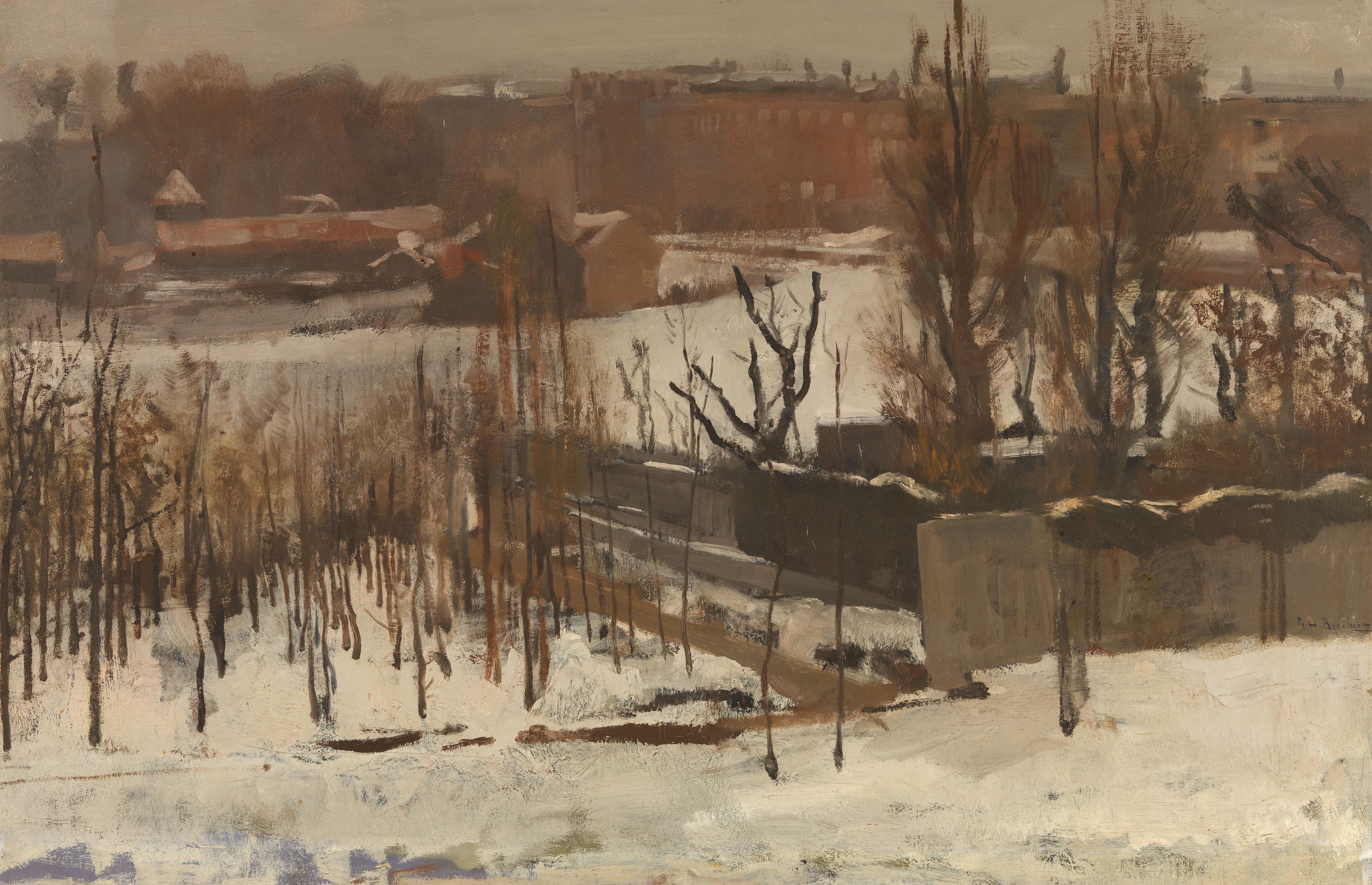 Gezicht op het Oosterpark in Amsterdam in de sneeuw