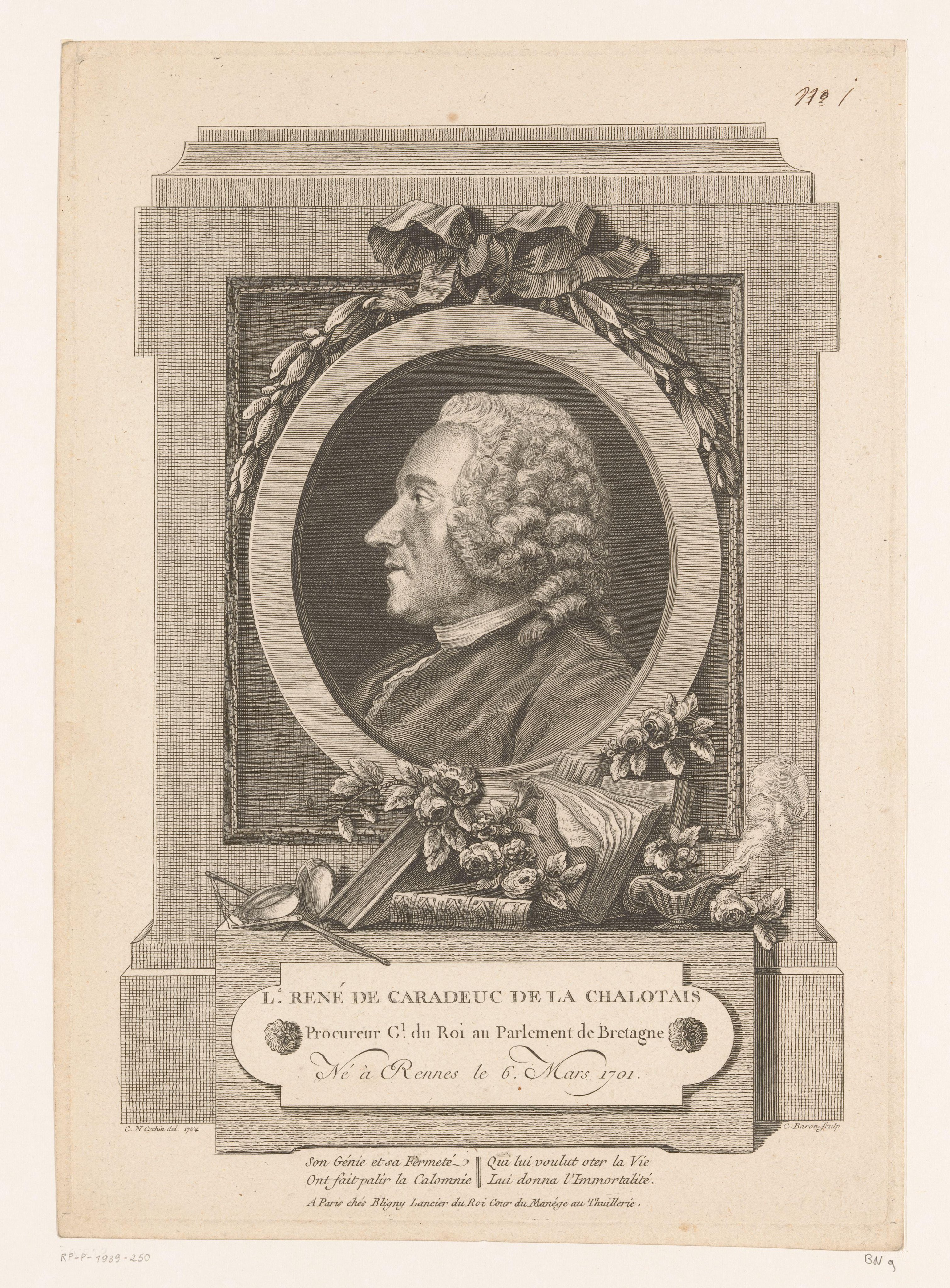 Portret van Louis-René de Caradeuc de La Chalotais in ovalen lijst met weegschaal en wierook