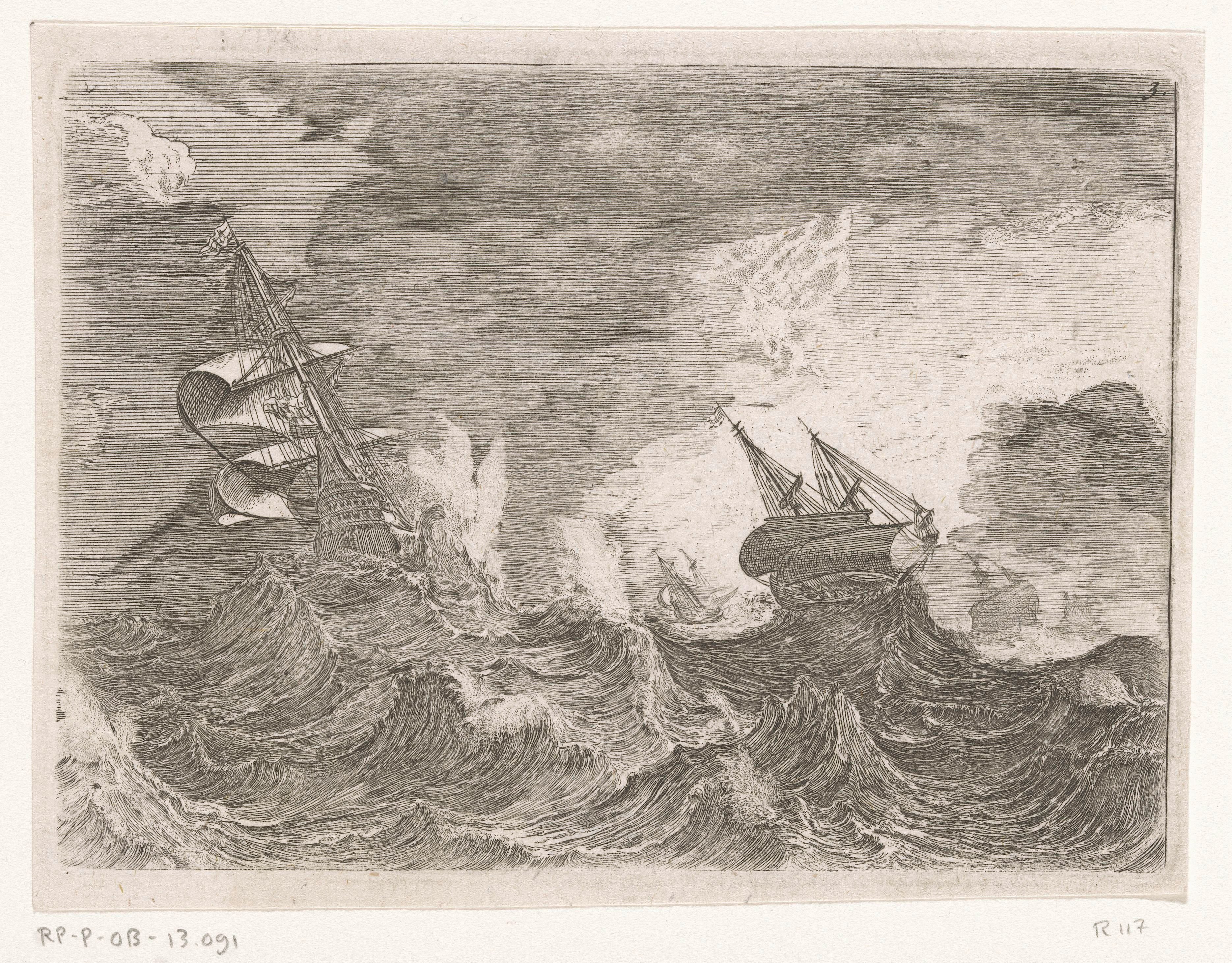 Vijf zeilschepen op zee tijdens een storm