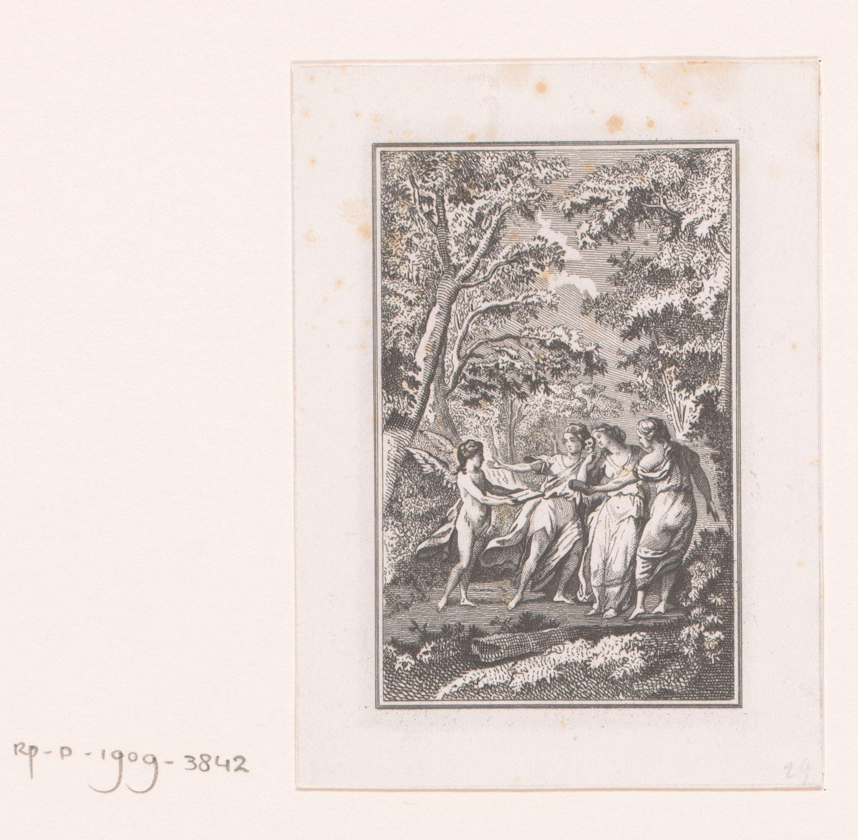 Engel biedt drie vrouwen in het bos een boek aan