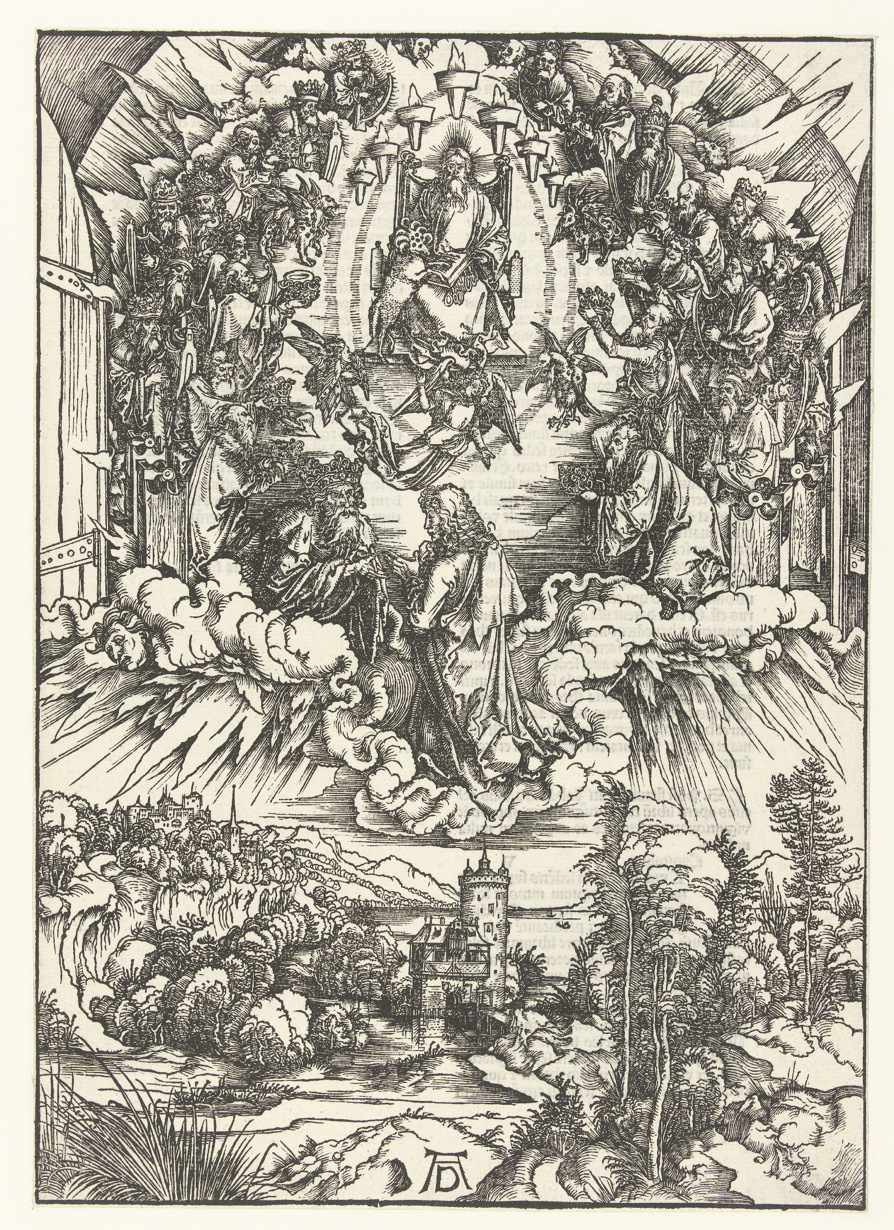 Johannes de Evangelist knielt voor Christus en het lam met de zeven hoorns en de zeven ogen