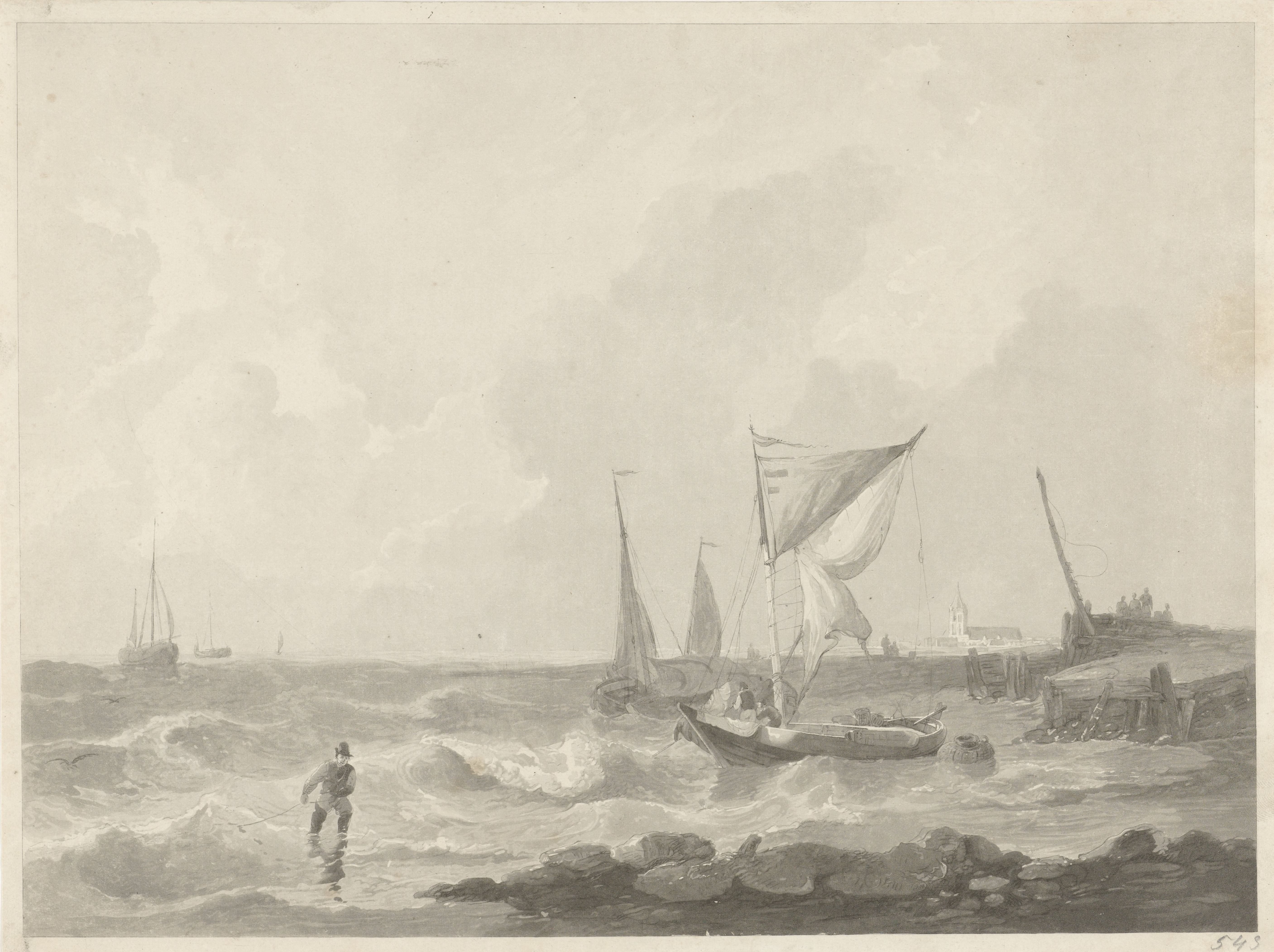 Vissersboten bij een havenhoofd