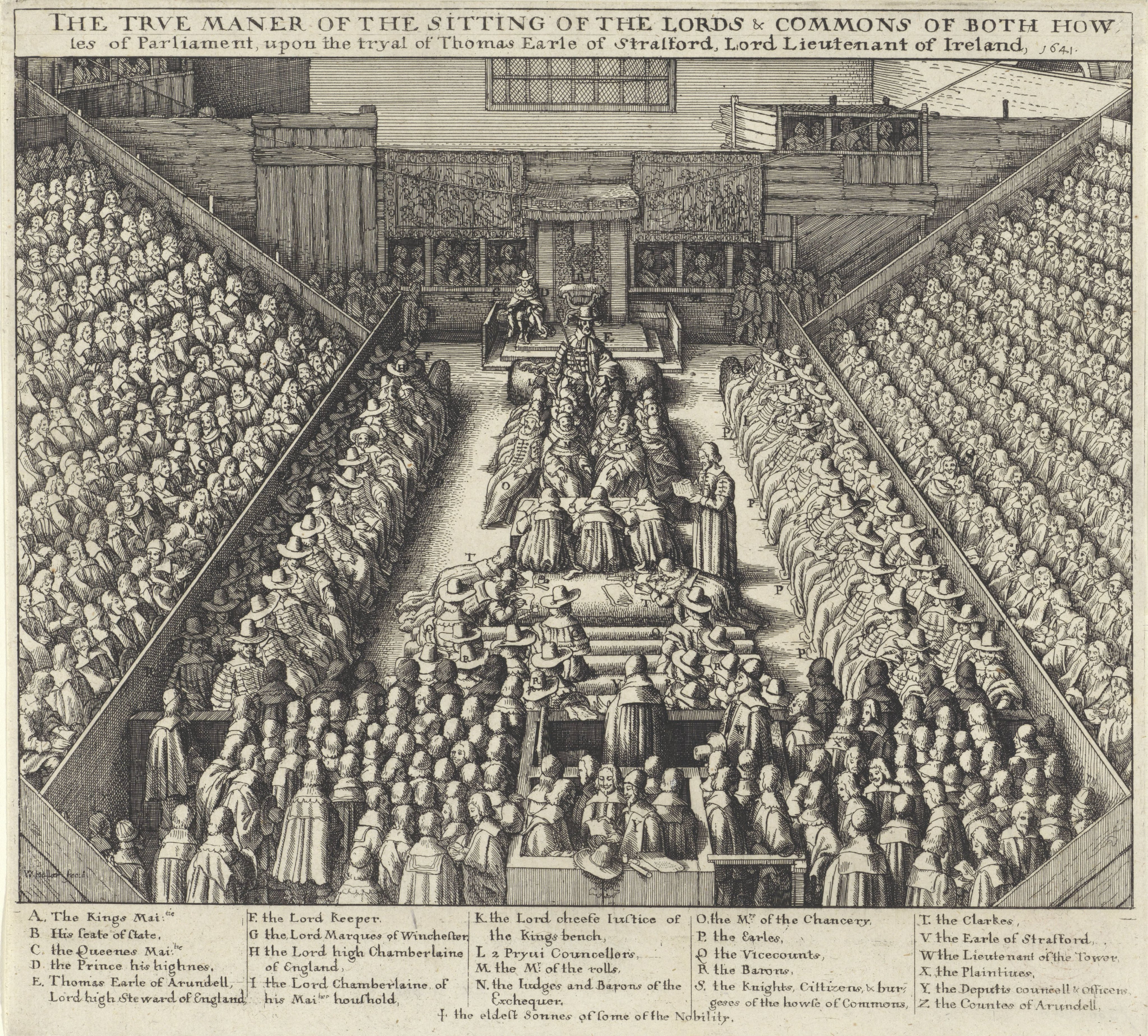 Zitting van het Britse parlement tijdens de berechting van Thomas Wentworth, 1e graaf van Strafford, 1641