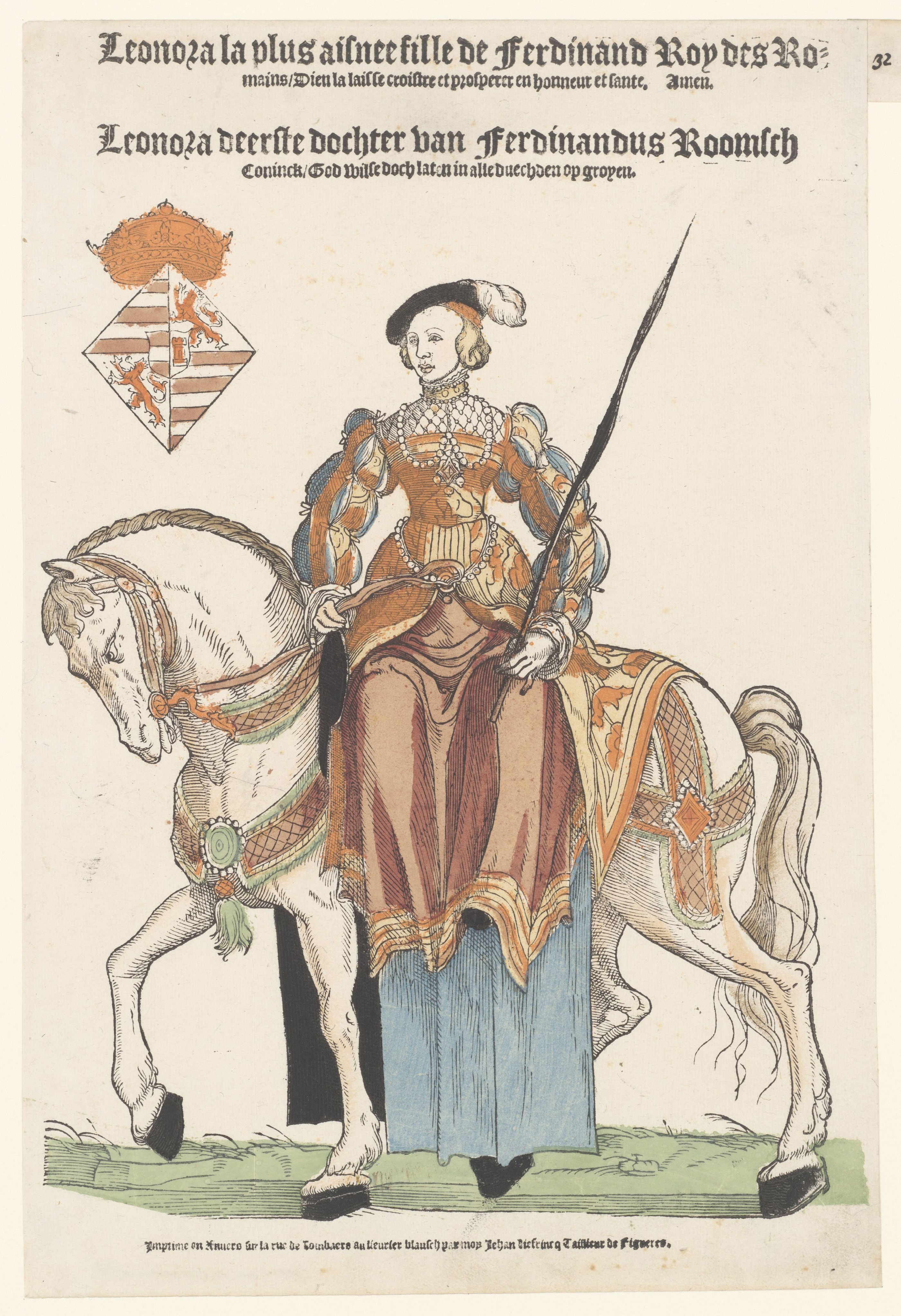 Portret van Eleonora van Oostenrijk te paard