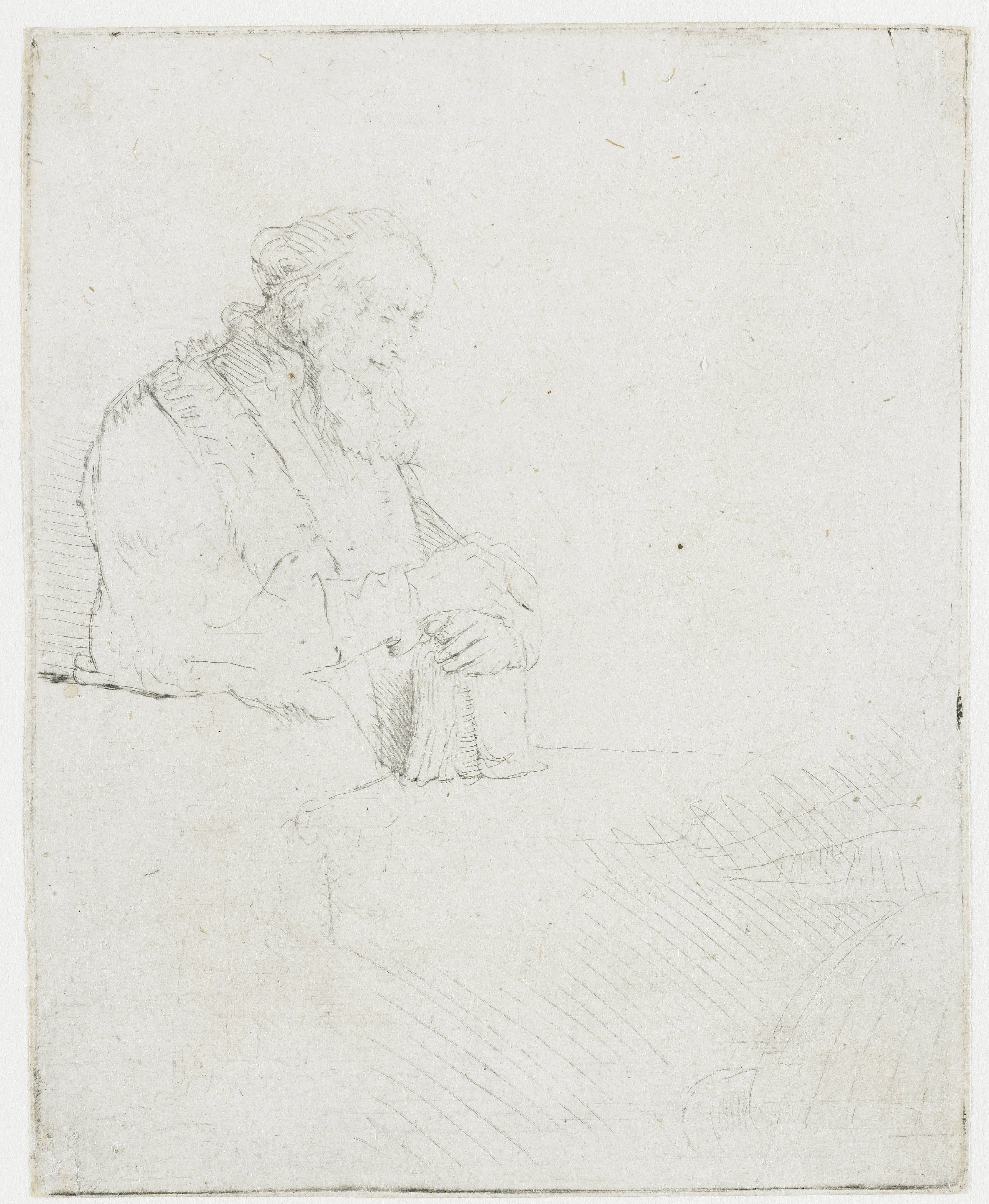 Old man in meditation, leaning on a book