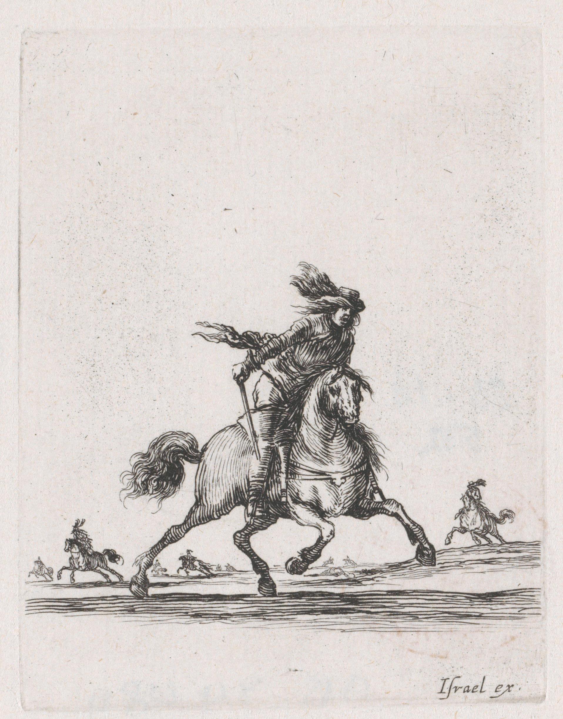 Ruiter met zwaard op rennend paard in een landschap met meer ruiters te paard