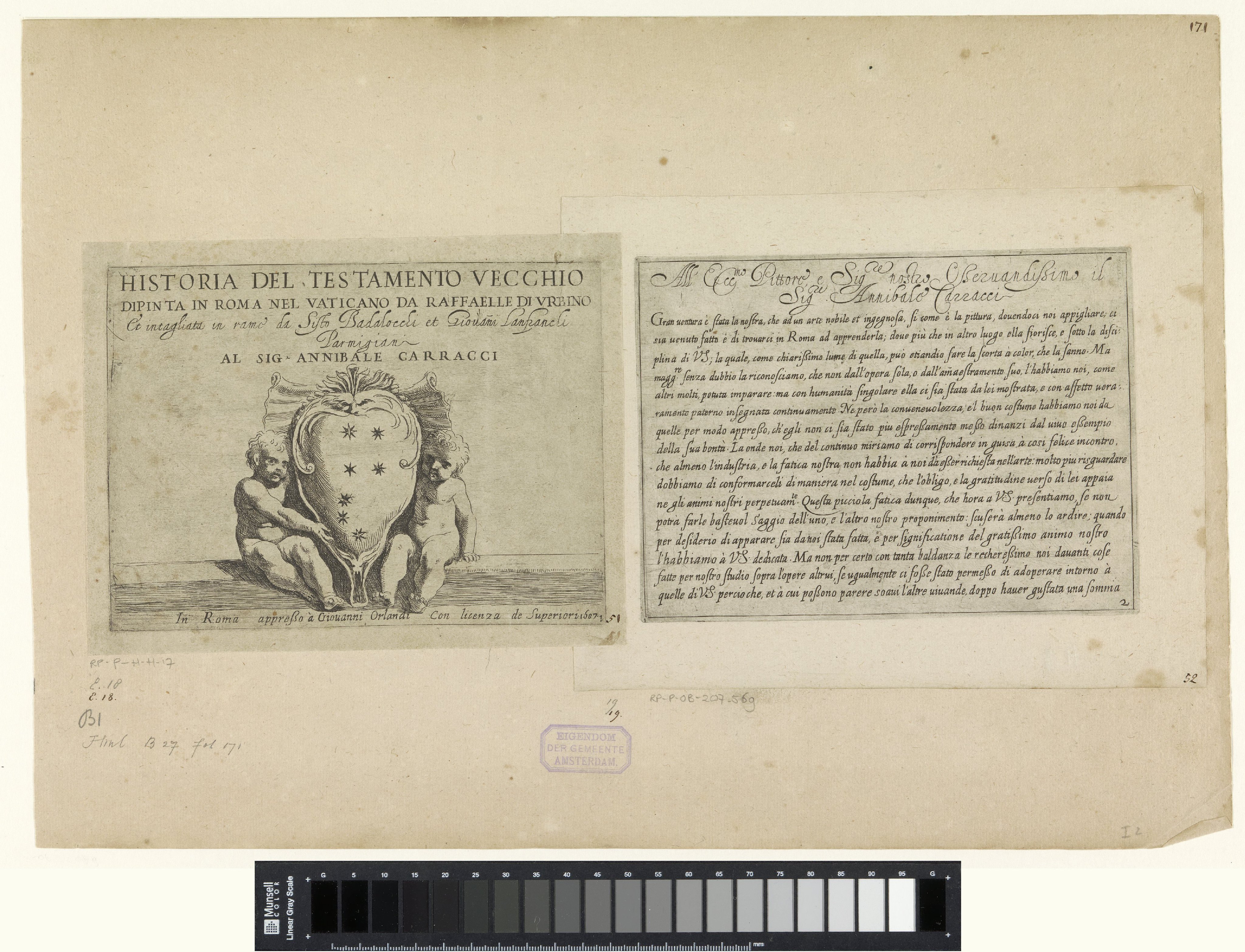 Titelprent met putti met het wapen van Annibale Carracci
