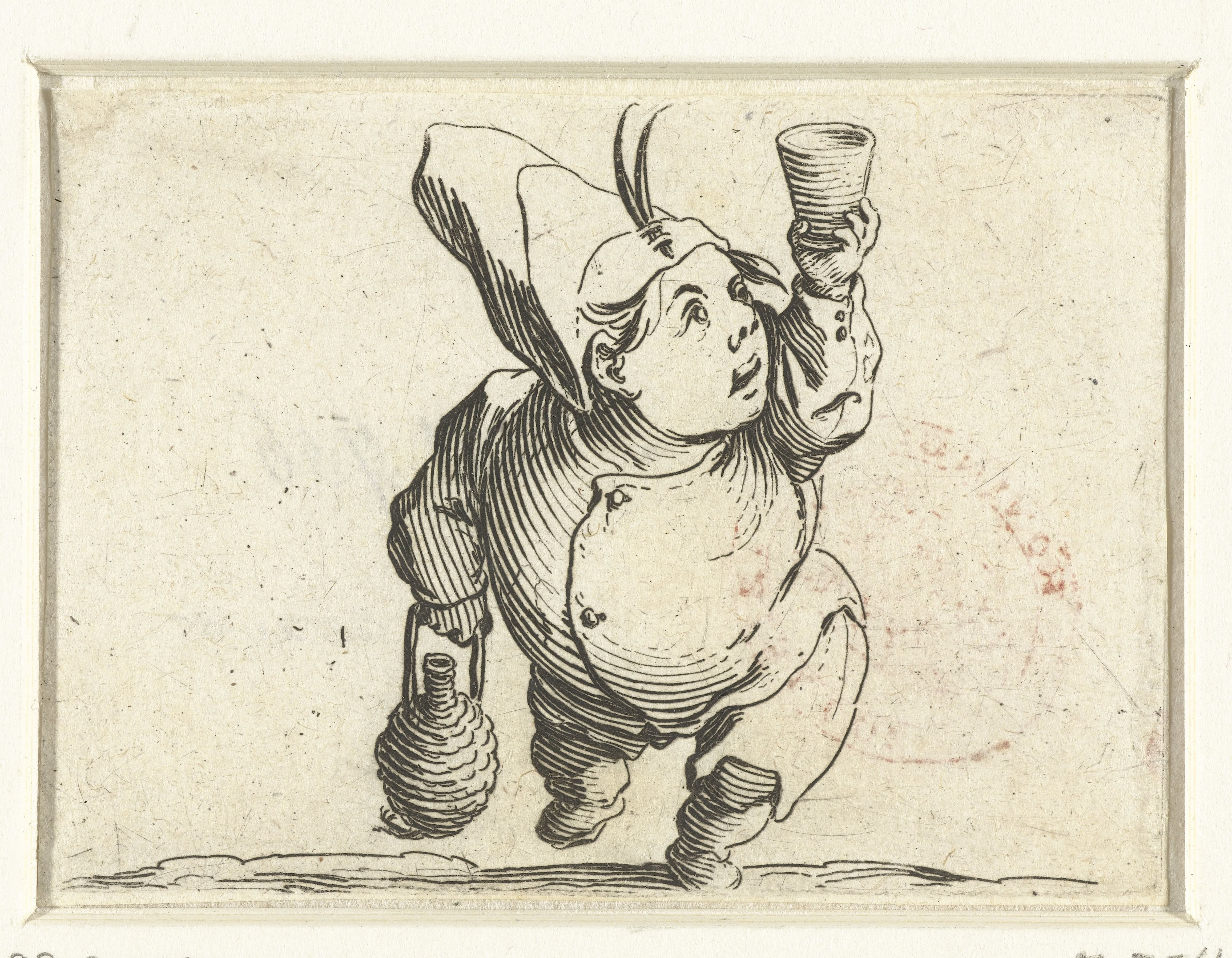 Kleine mens (karikatuur) met fles en glas