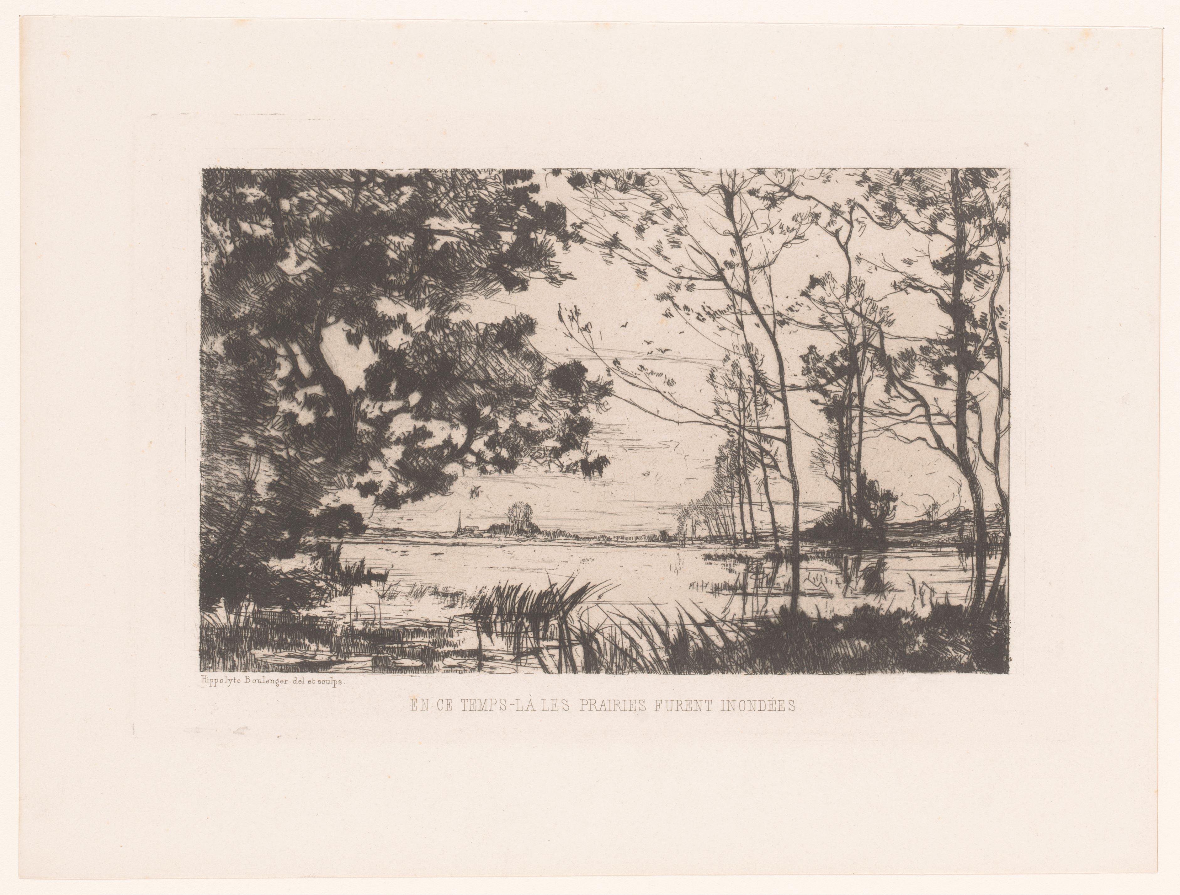Ondergelopen landschap met een kerktoren op de achtergrond