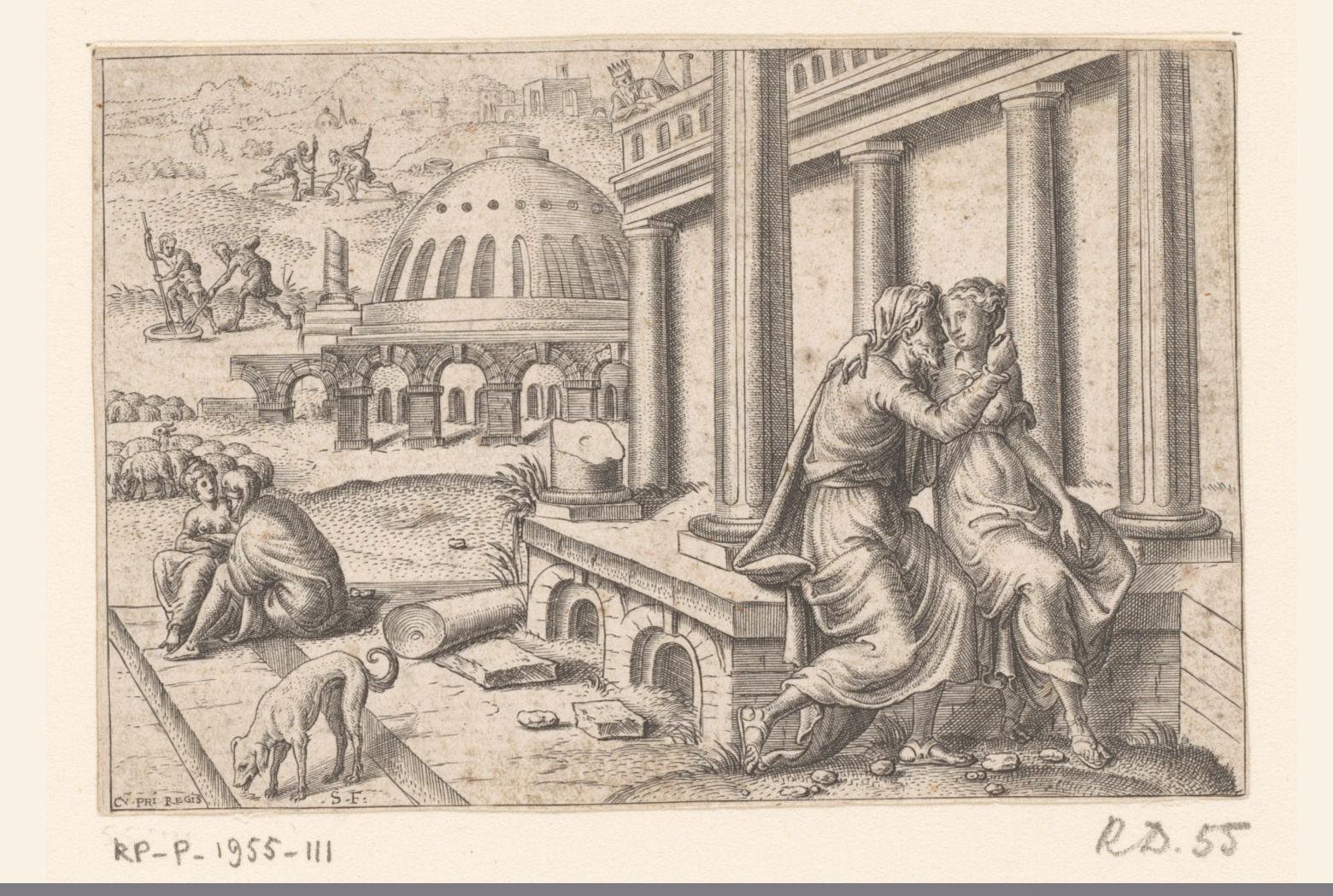 Isaak en Rebekka bespied door Abimelech