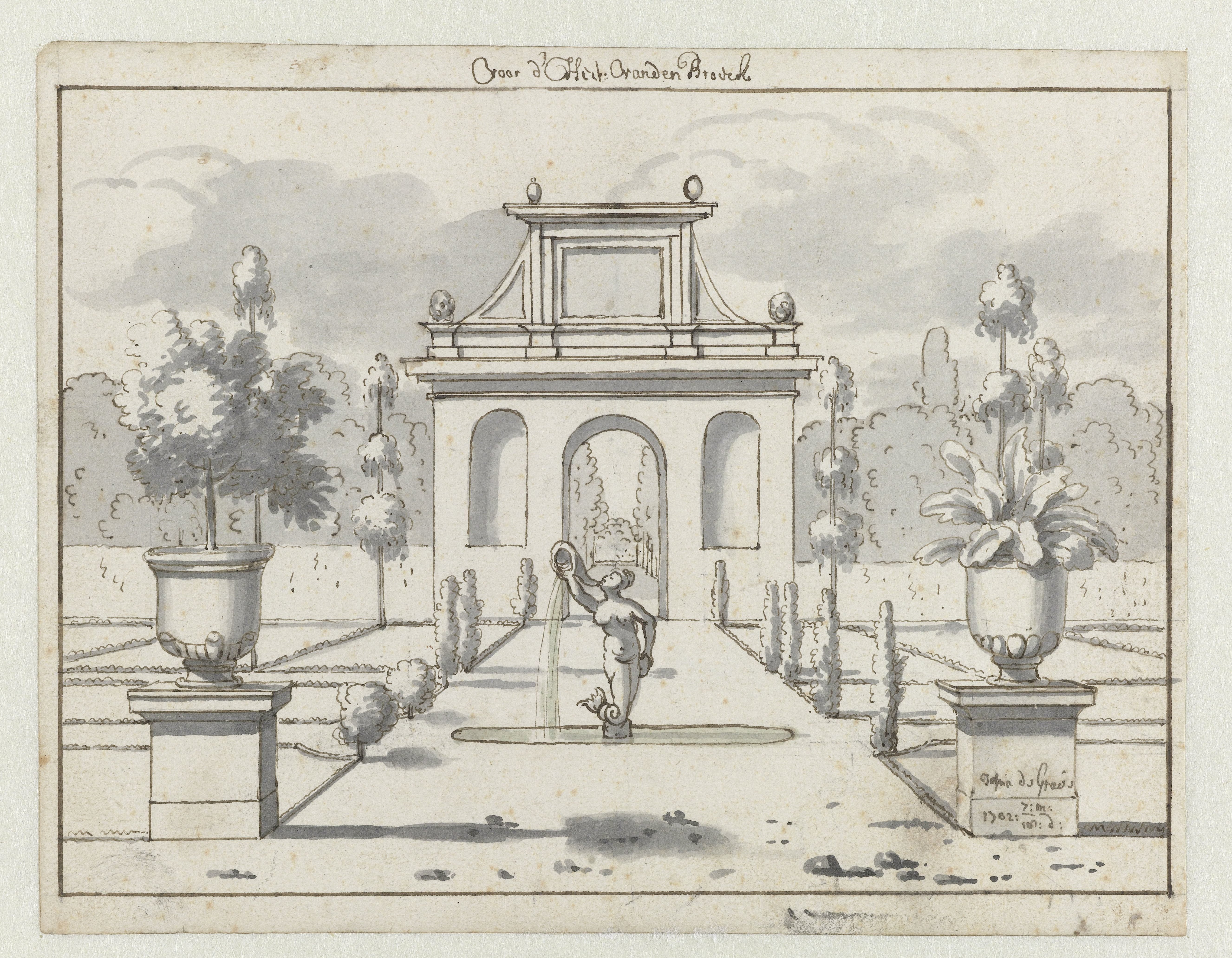 View of a Formal Garden with an Arched Gateway and a Mermaid Fountain