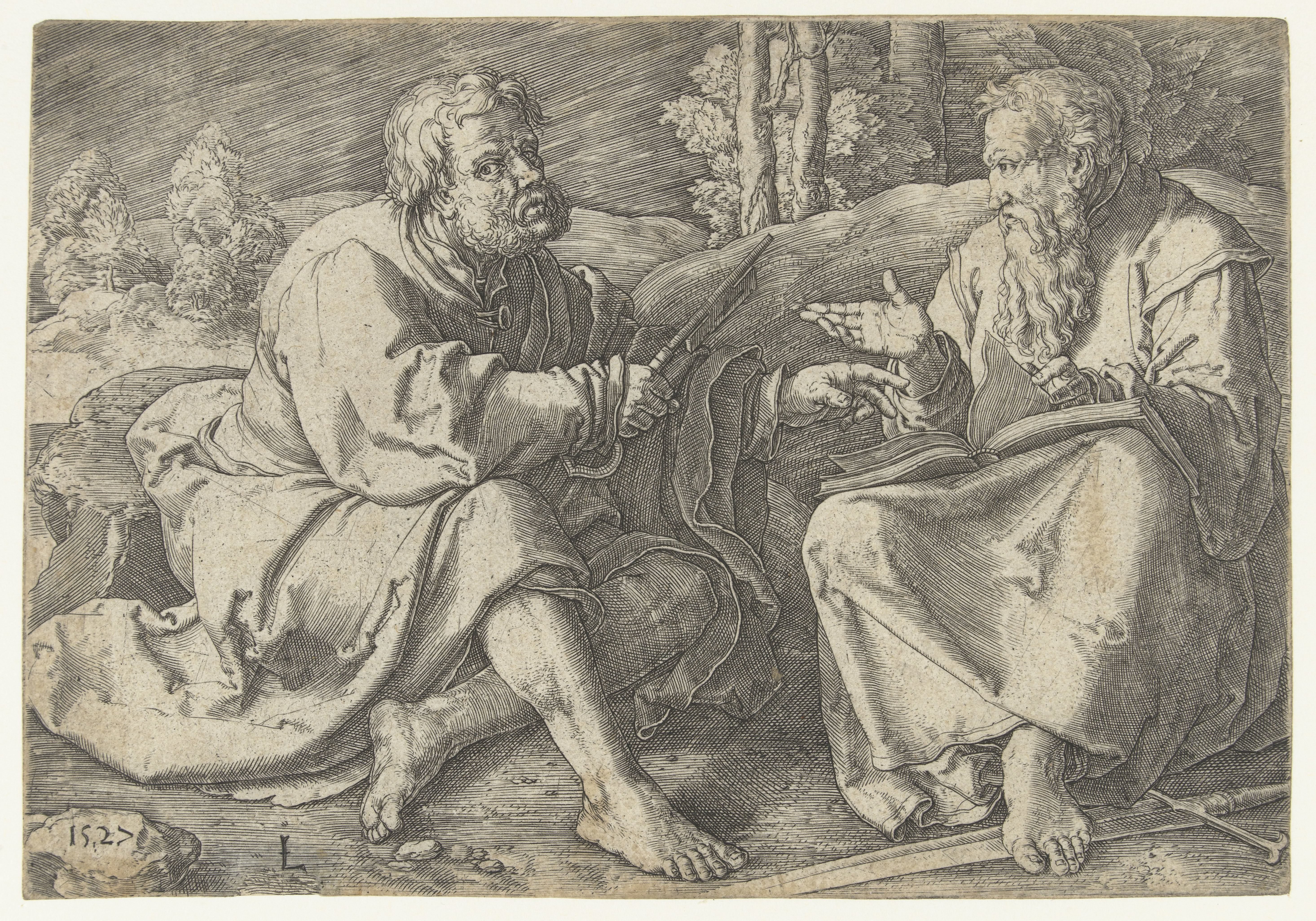 Paulus en Petrus zittend in een landschap