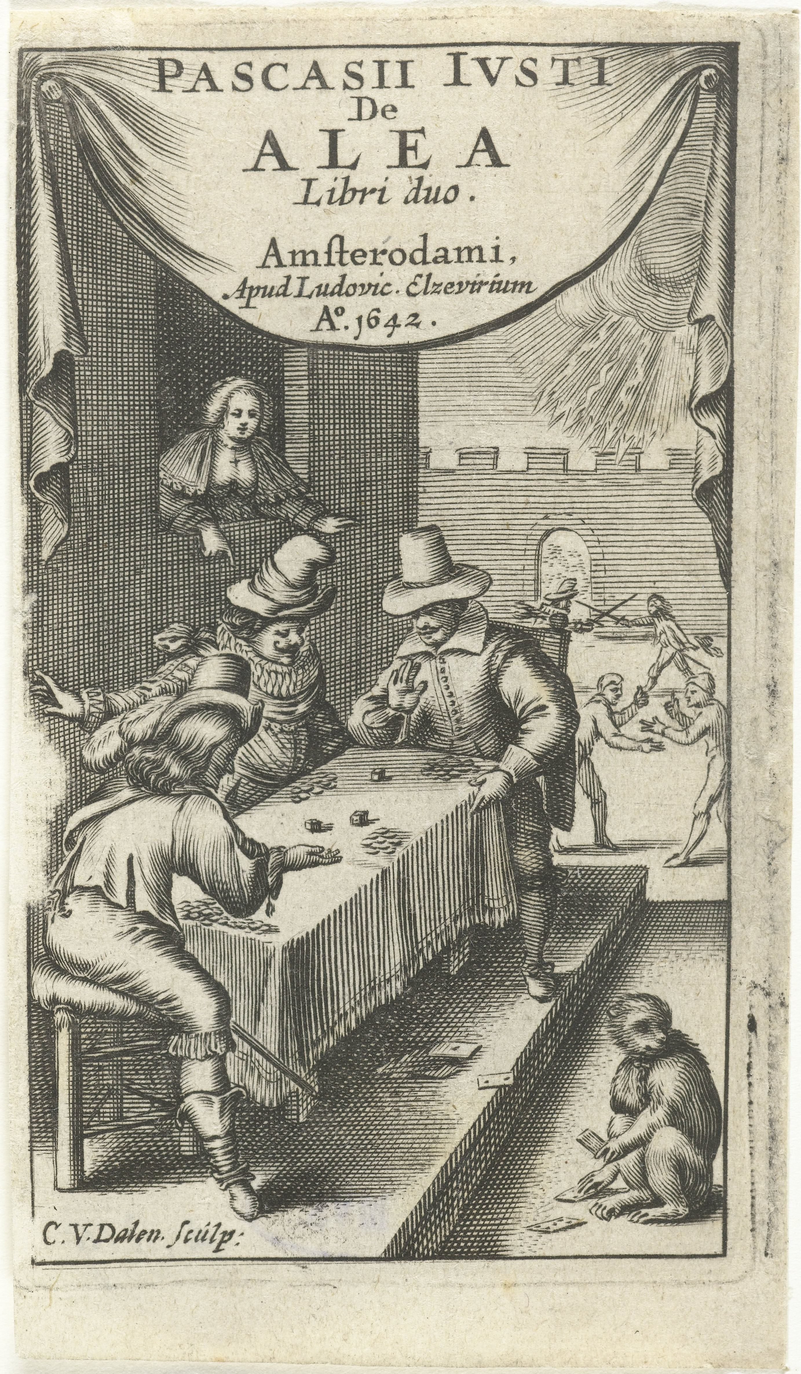 Mannen spelen dobbelspel, op de grond zit aap met speelkaarten