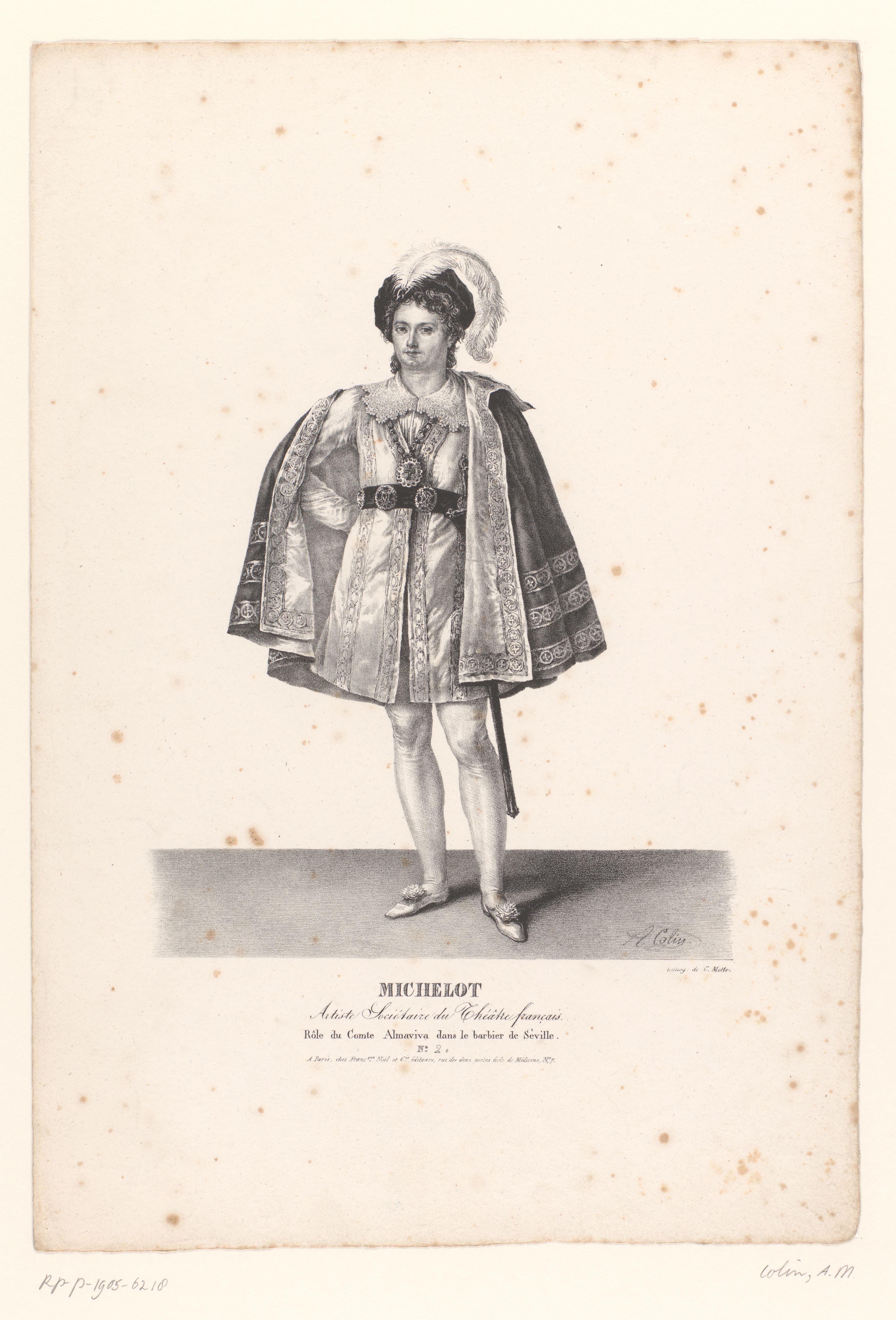 Portret van Pierre Michelot als Comte Almaviva in de komedie Le Barbier de Séville